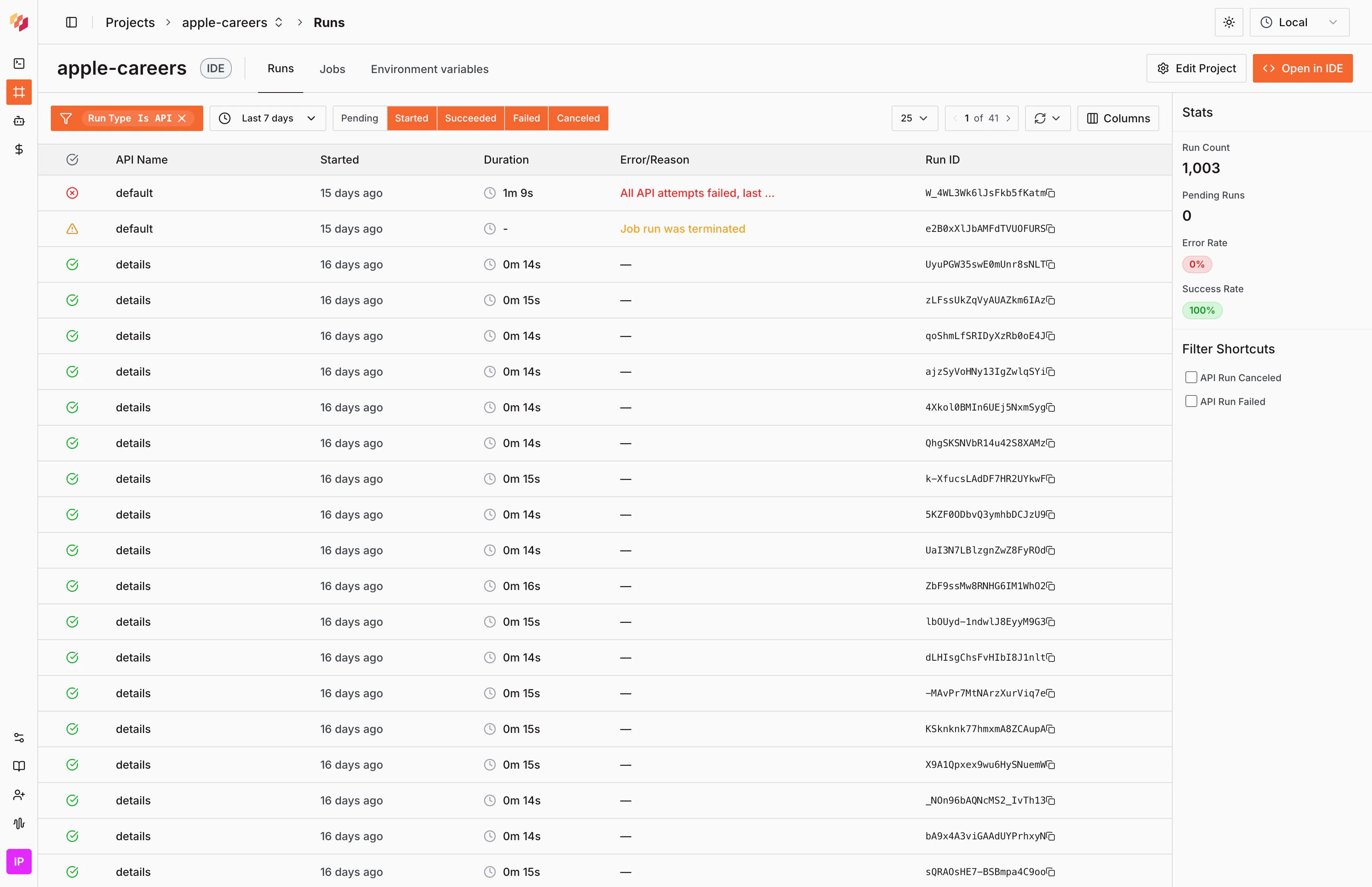Runs tab showing API executions