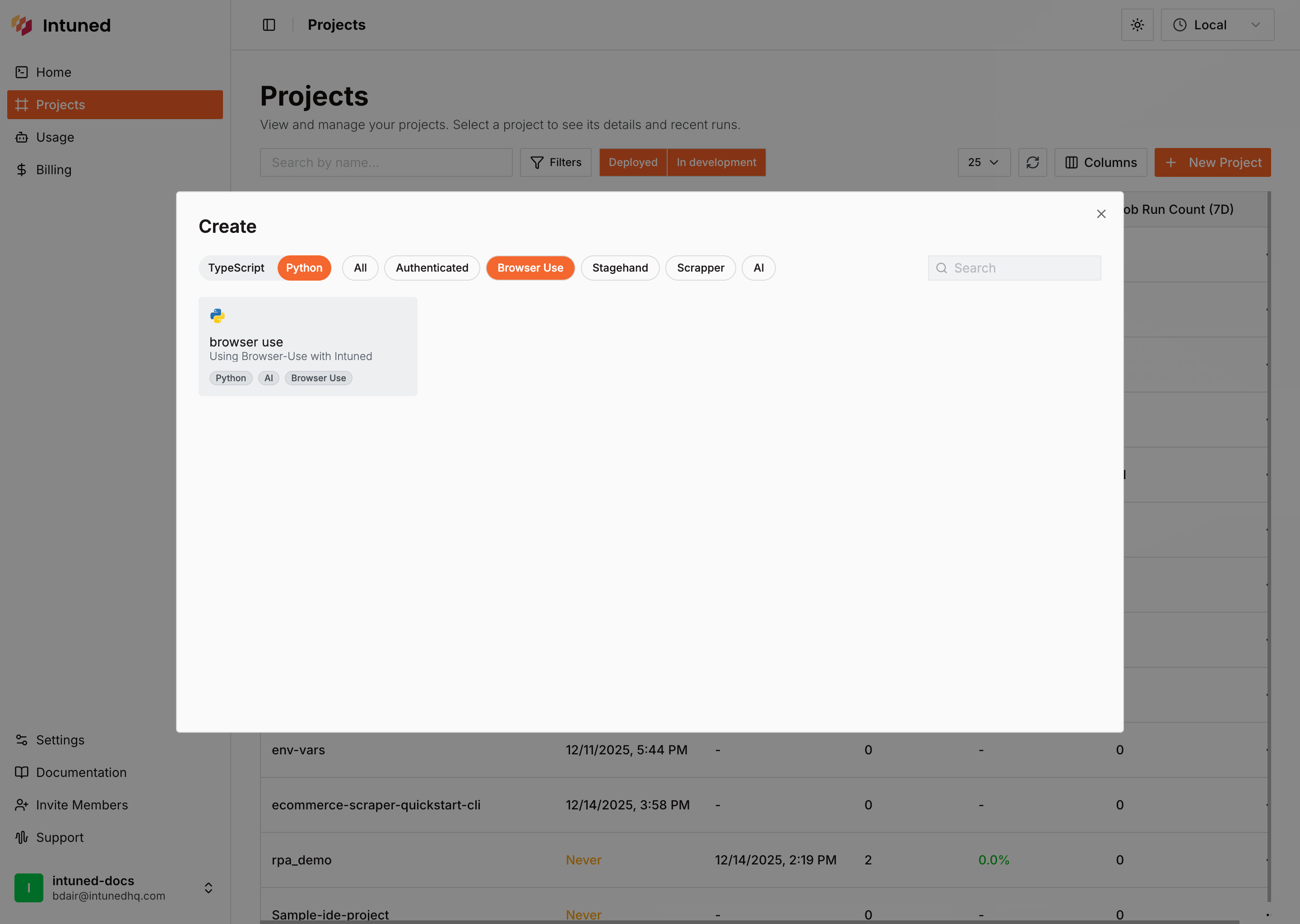 Create Browser Use project from template