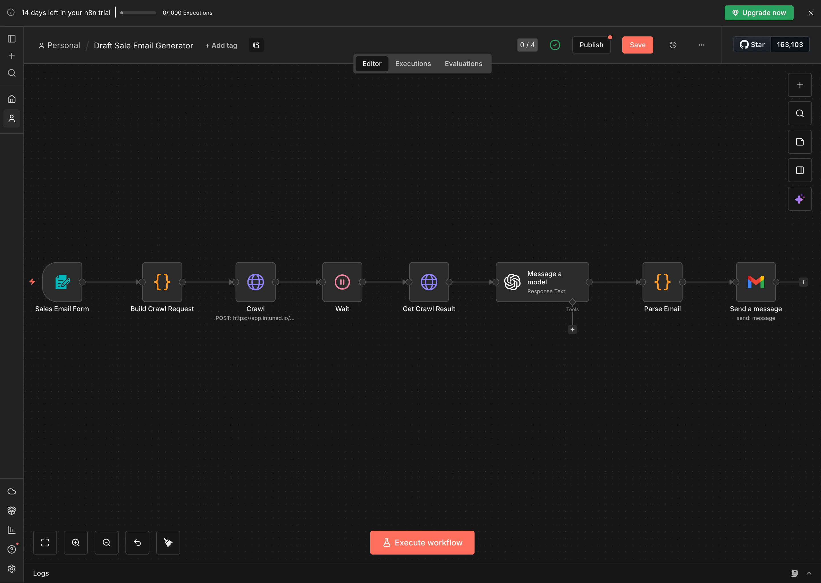 Visual overview of the n8n workflow showing all 8 nodes connected