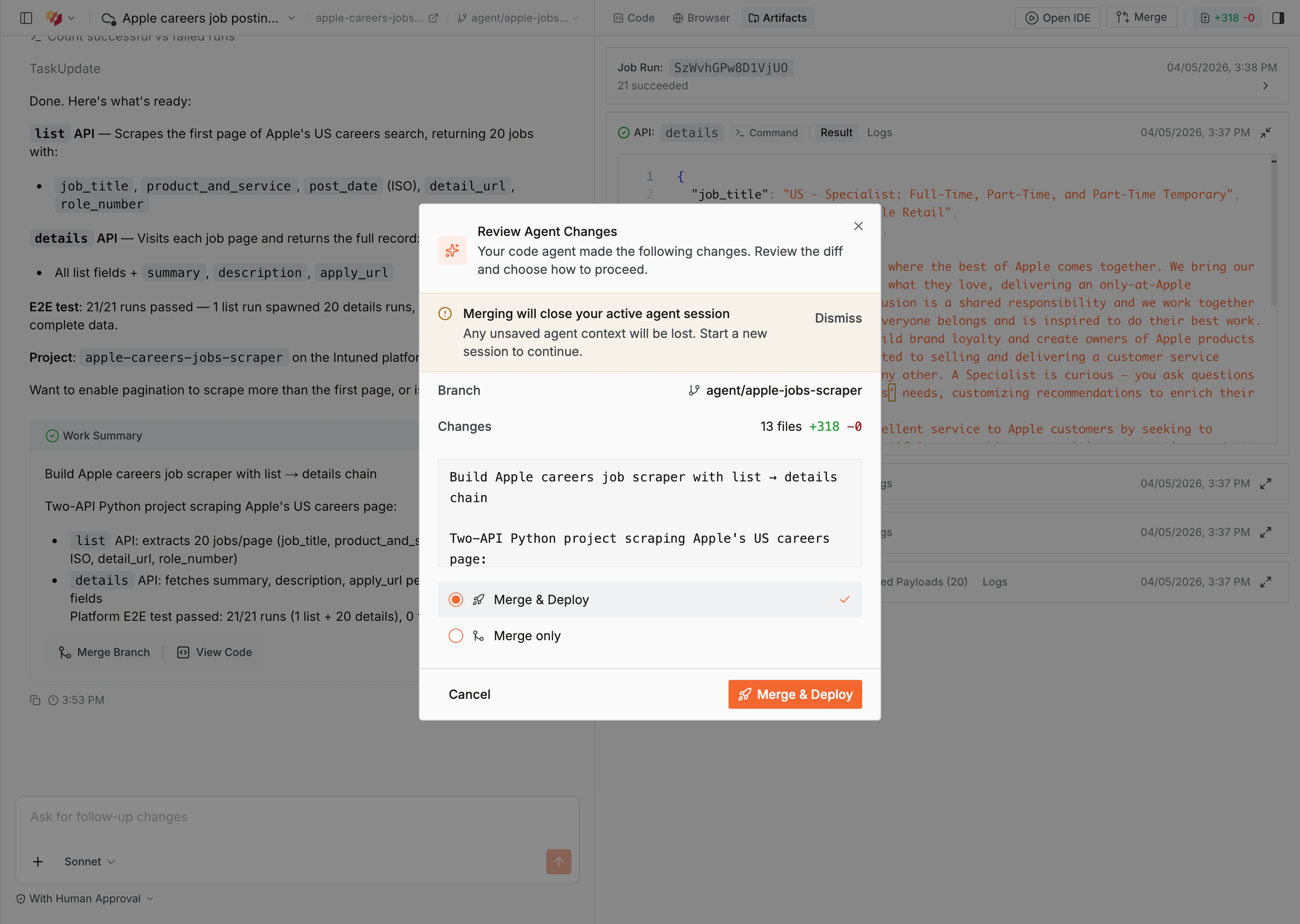 Merge and deploy dialog
