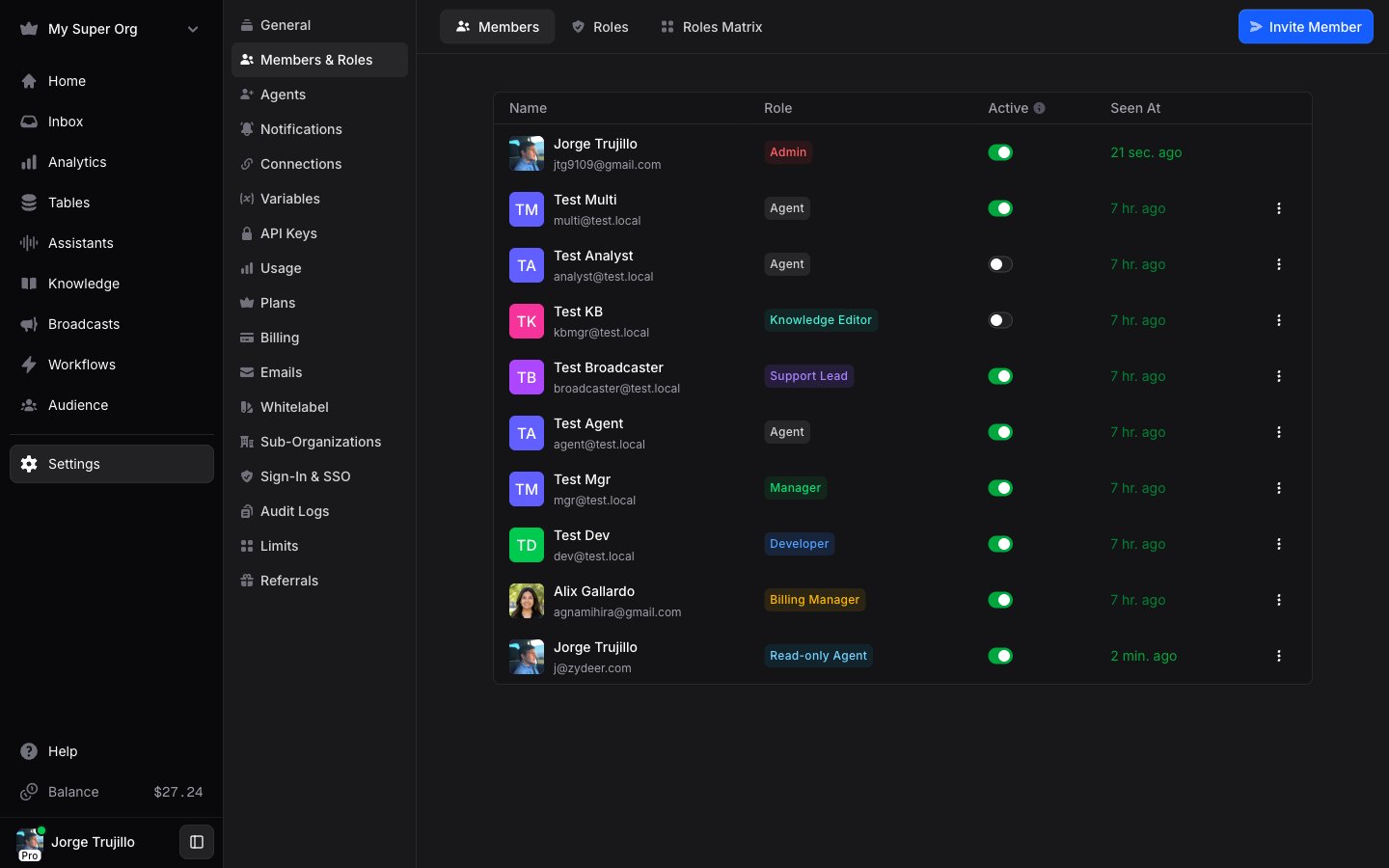 The members list with roles and availability