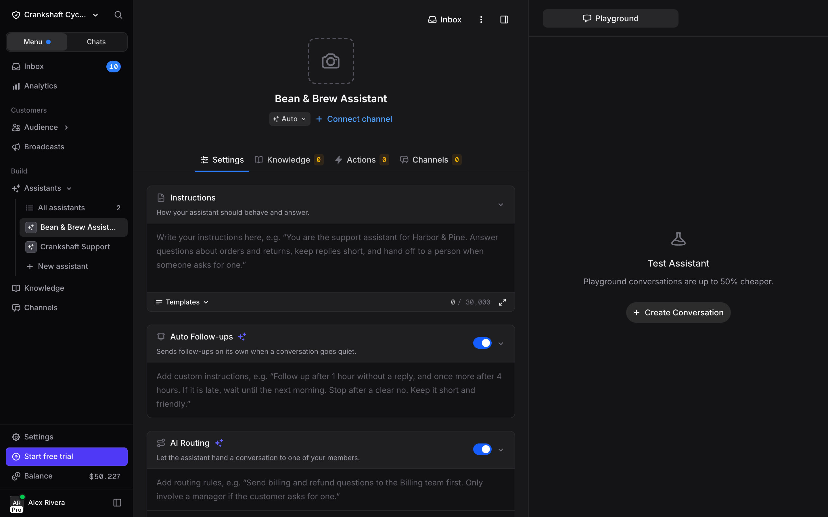 Assistant configuration page after creation
