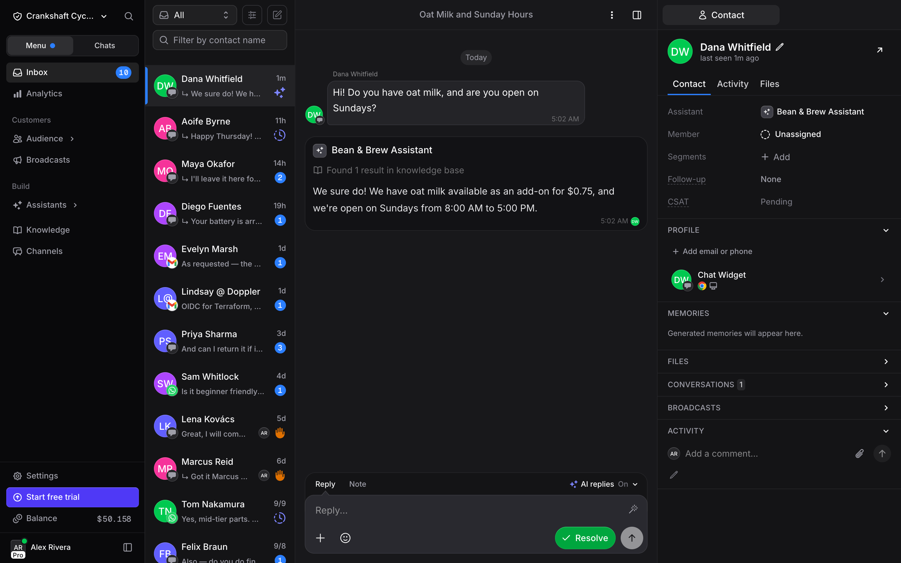 Inbox showing the web widget conversation