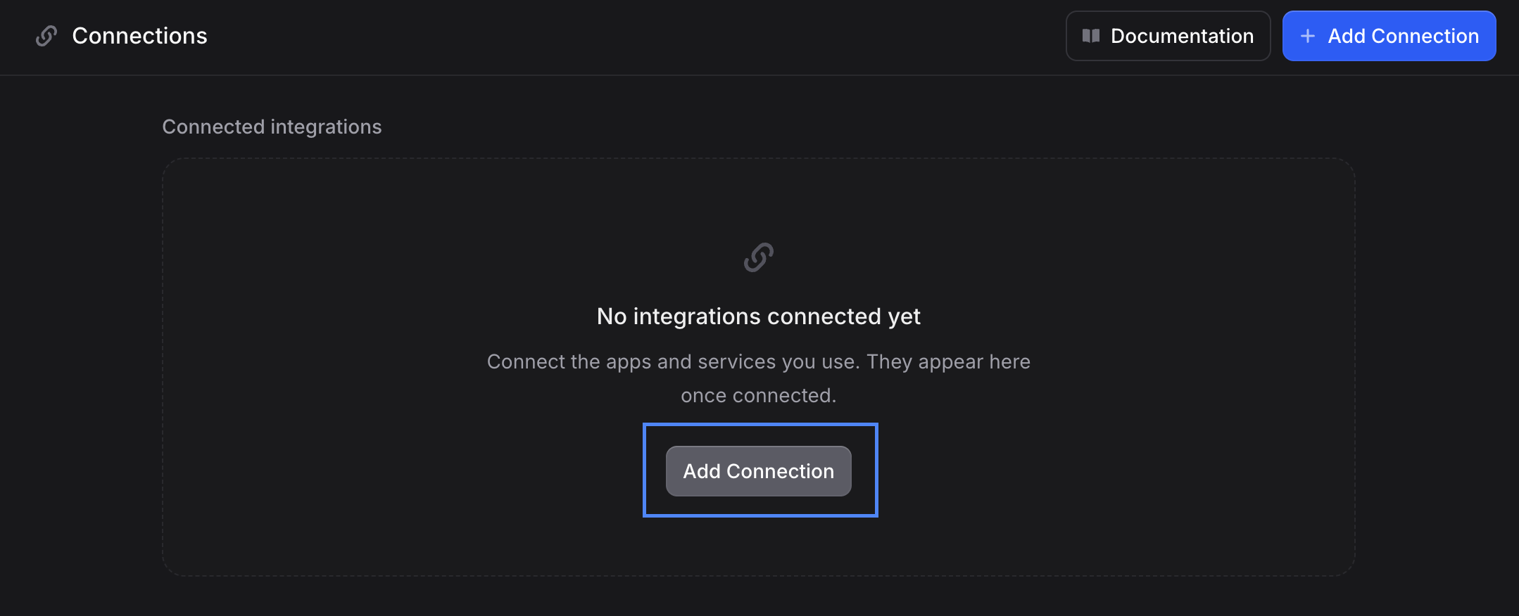Empty Connected integrations area with chain icon, message No integrations connected yet, and Add integration button