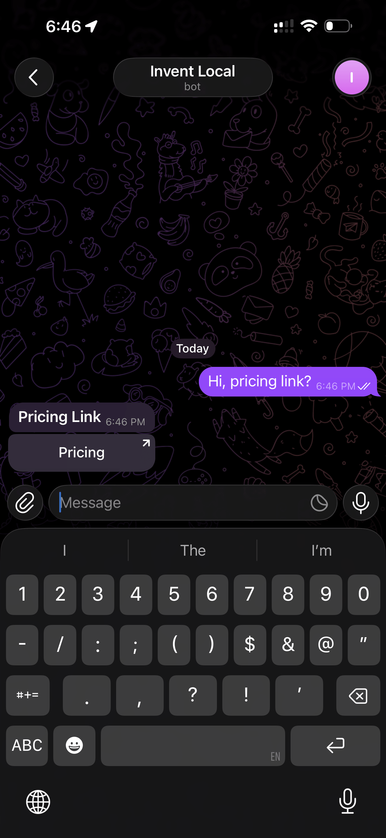 Pricing link button on Telegram