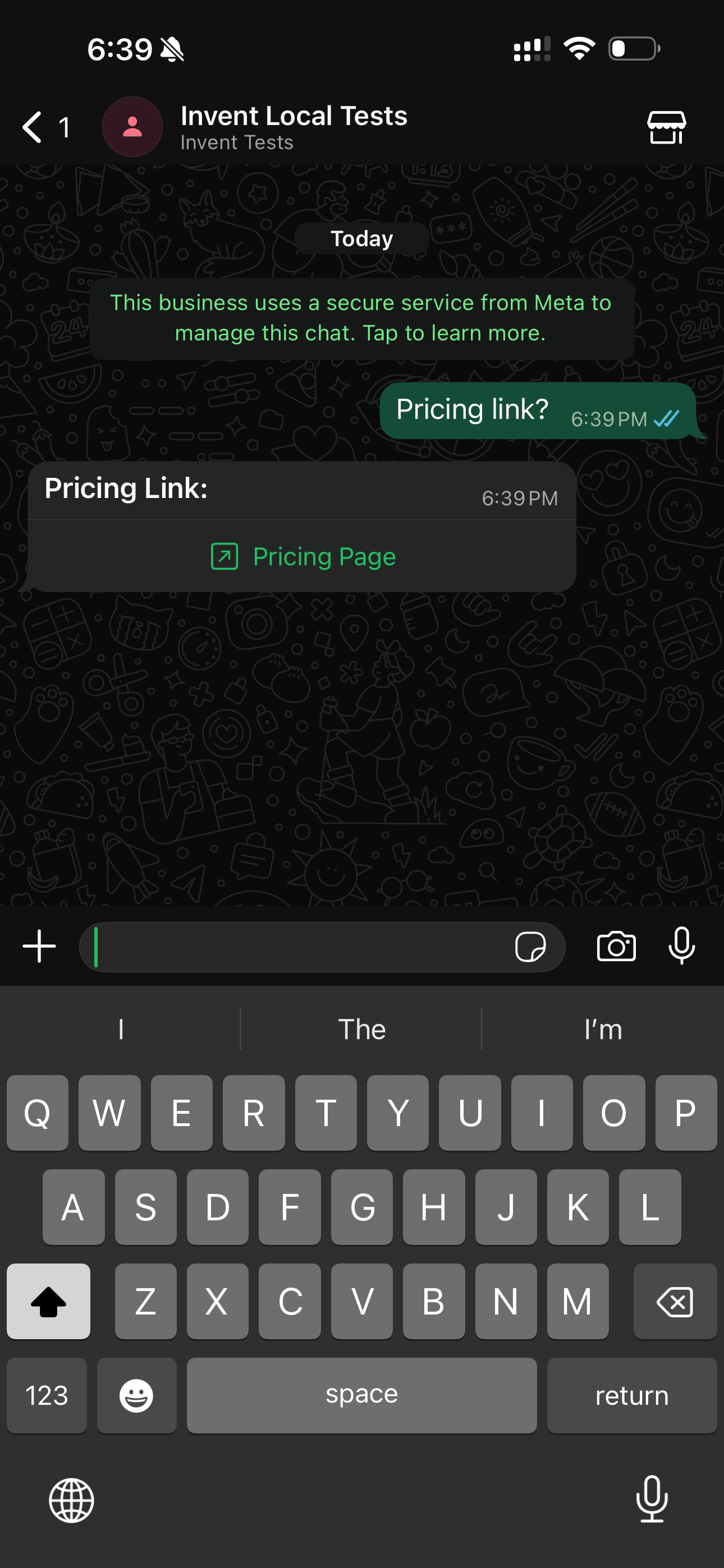 Pricing Page link button on WhatsApp