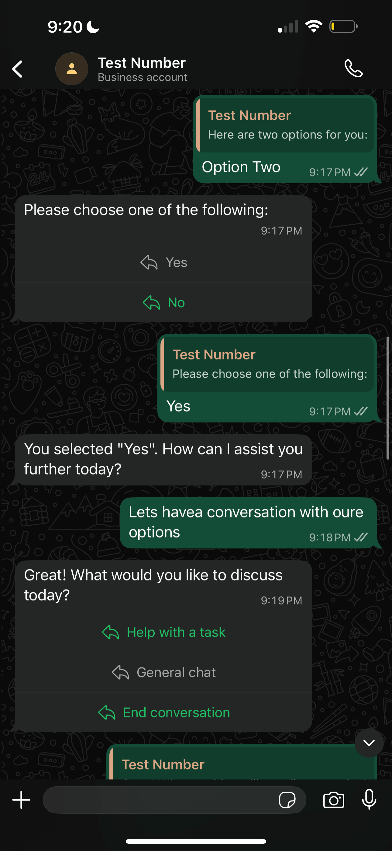 Assistant presenting Yes/No options and a menu on WhatsApp
