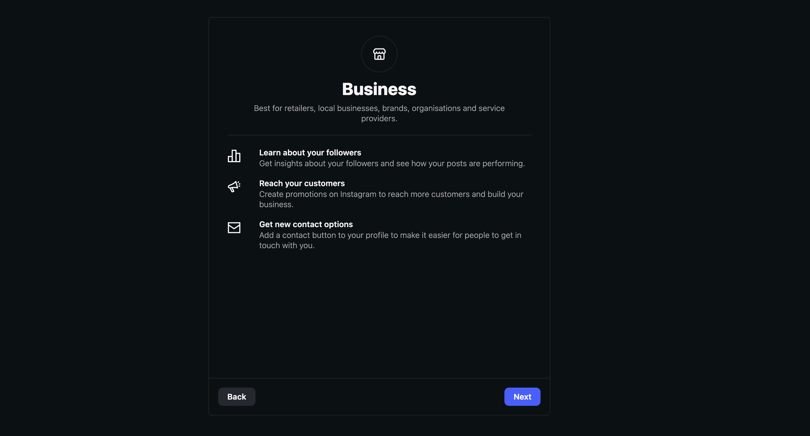 Business overview screen showing the perks of a Business account: insights, promotions, and contact options