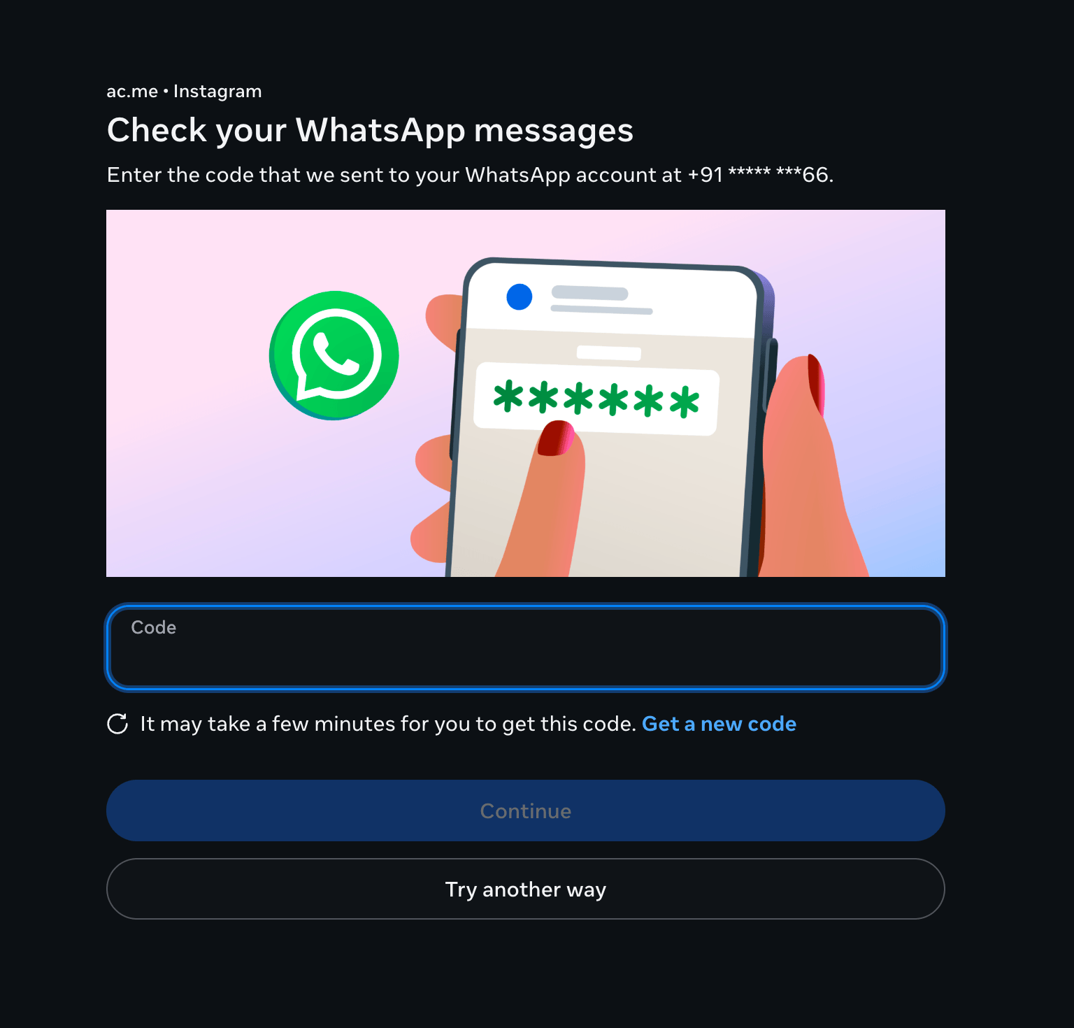 Check your WhatsApp messages screen prompting for the 6-digit verification code Instagram sent to a masked phone number