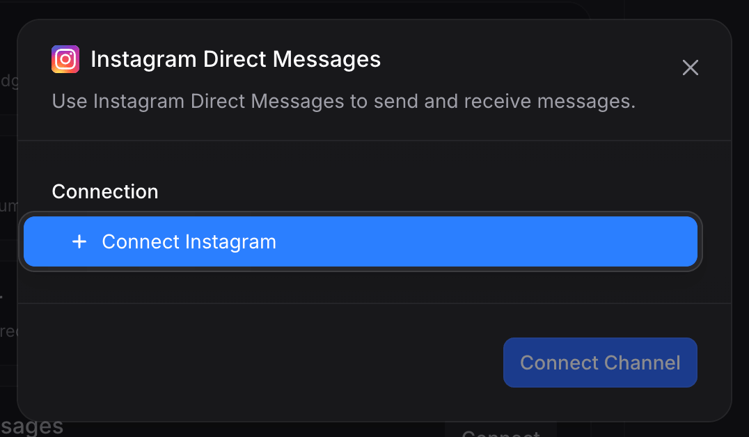 Empty Instagram Direct Messages connect dialog with a + Connect Instagram button inside the Connection field