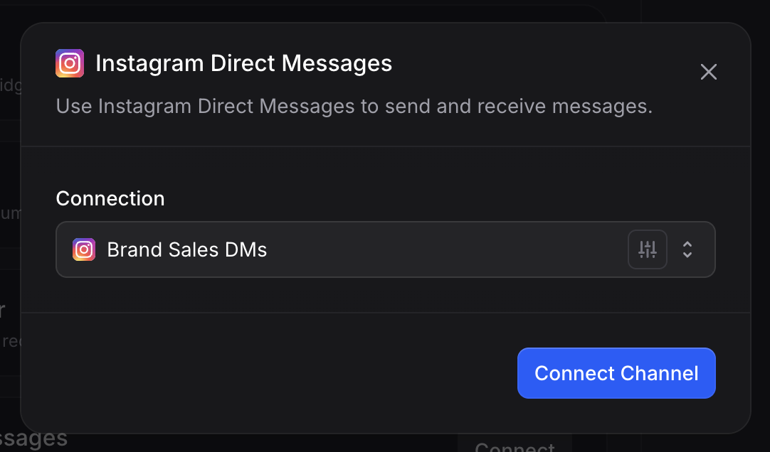 Instagram dialog with the Brand Sales DMs connection auto-selected, ready to click Connect Channel