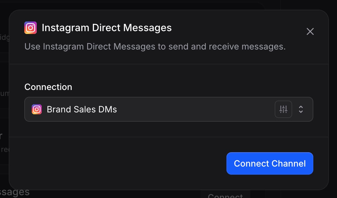 Instagram dialog with the Brand Sales DMs connection auto-selected, ready to click Connect Channel