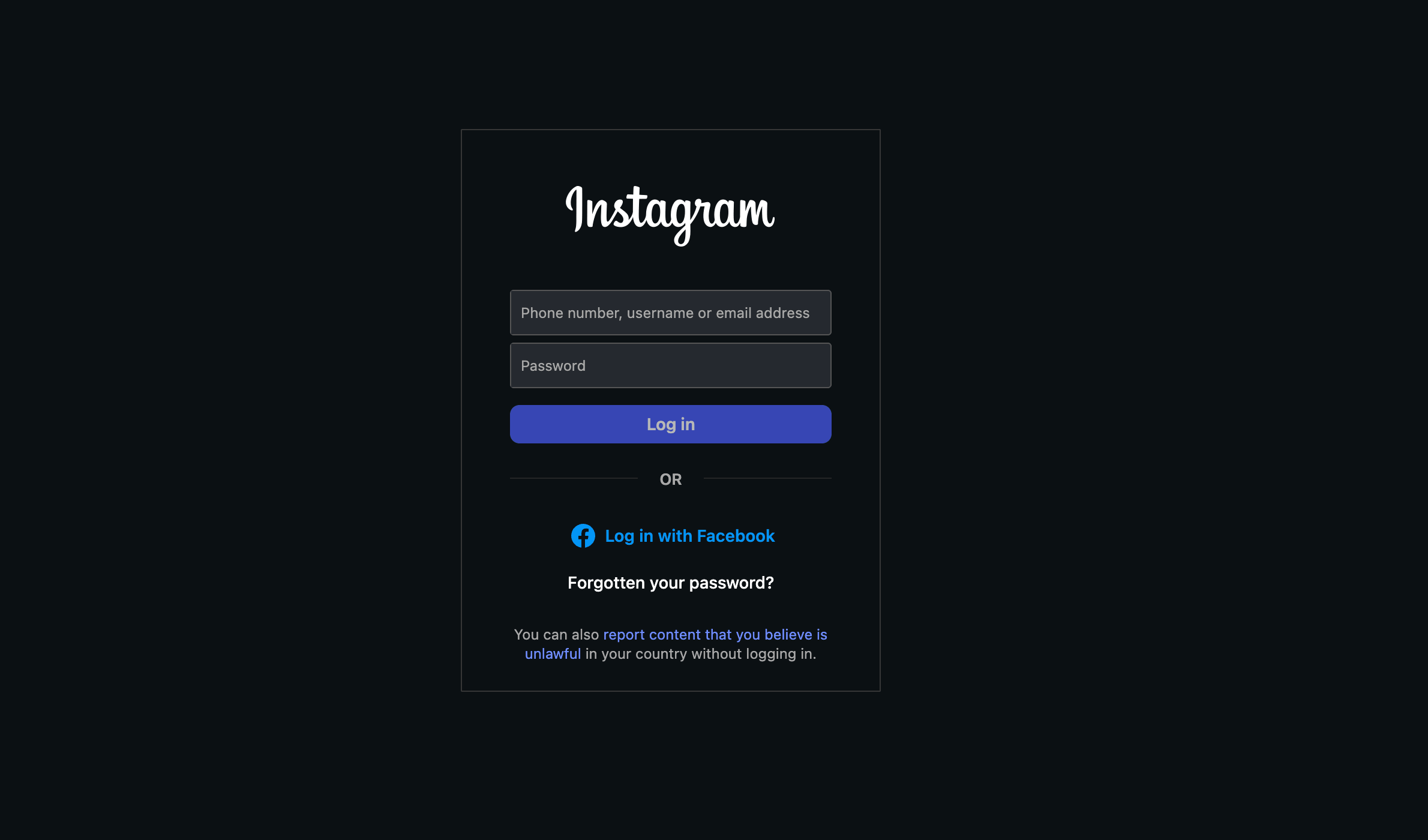 Instagram login screen with a phone, username, or email field, password field, and a Log in with Facebook option