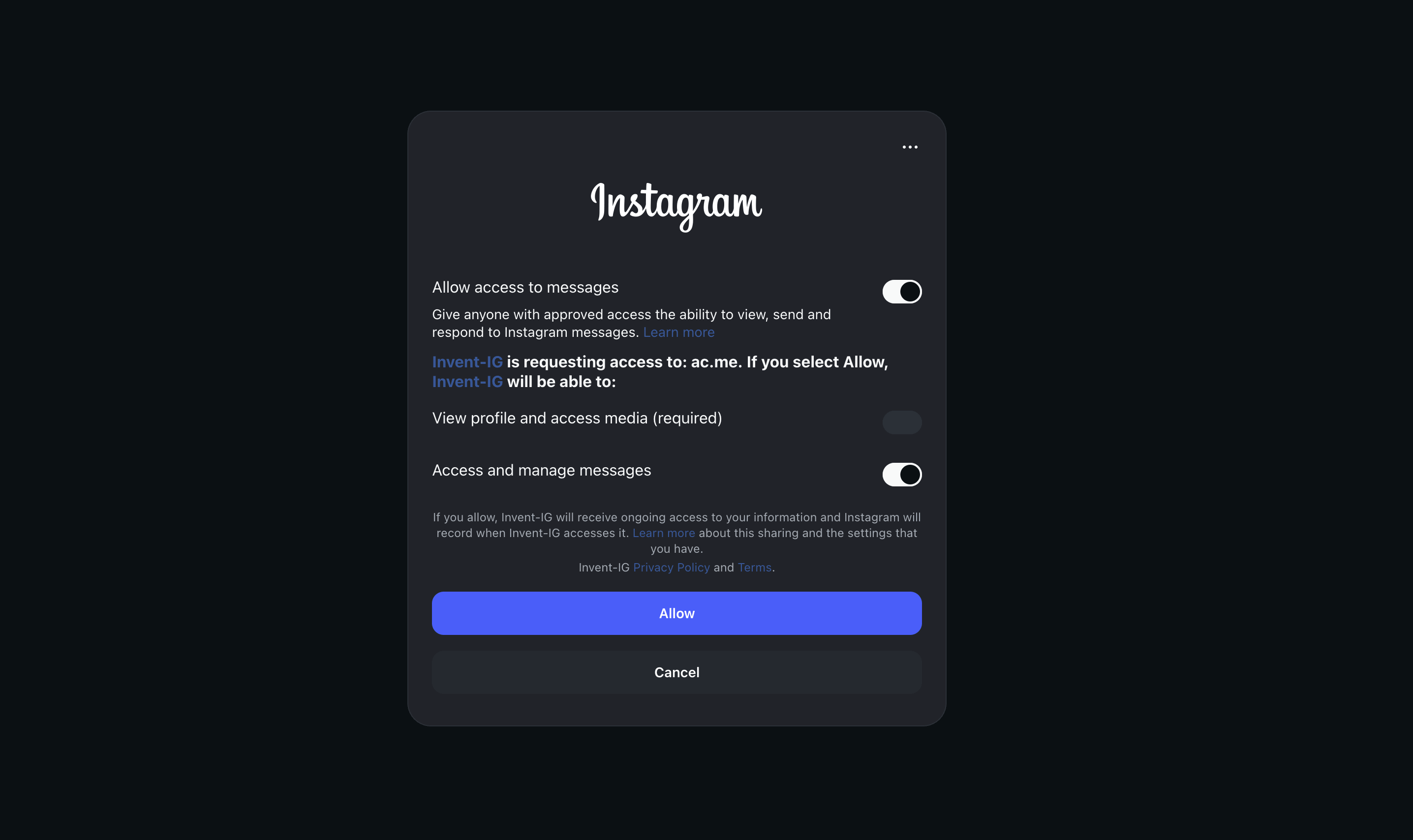 Instagram permissions screen with toggles for Allow access to messages, View profile and access media, and Access and manage messages, plus an Allow button