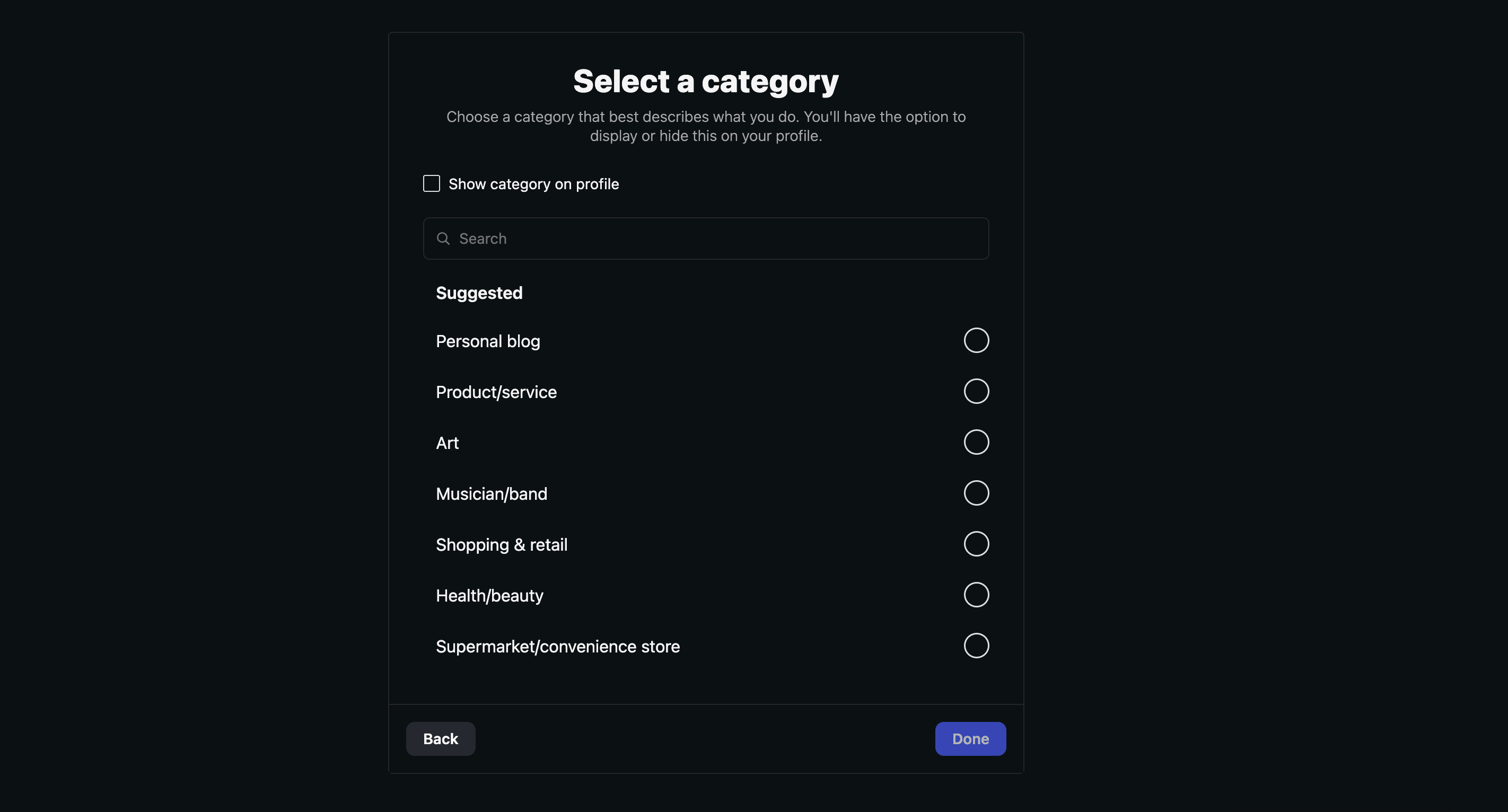 Select a category screen with a search field and suggested categories like Personal blog, Product/service, Art, Musician/band, Shopping & retail