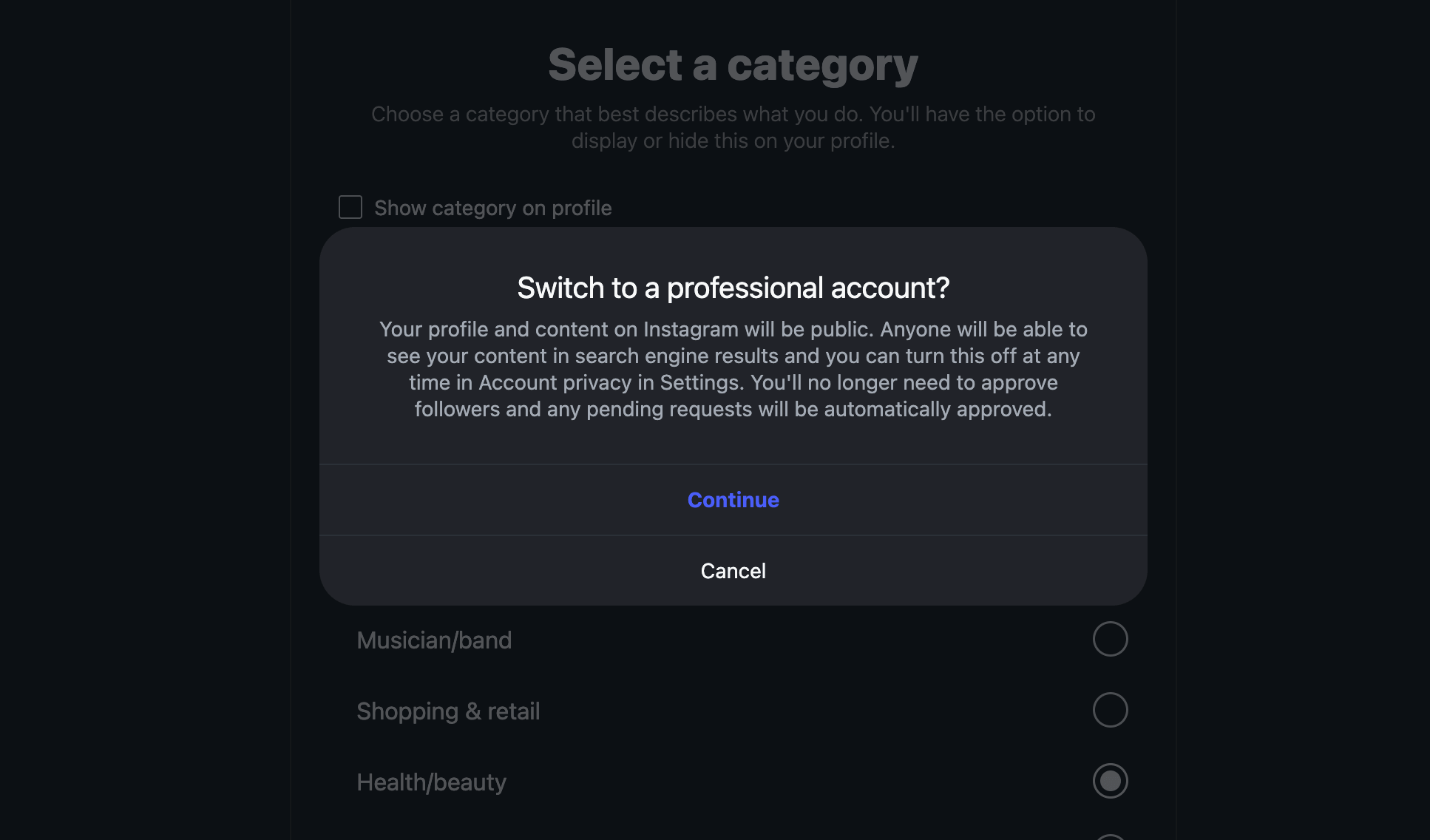 Switch to a professional account? confirmation modal warning that the profile and content will be public