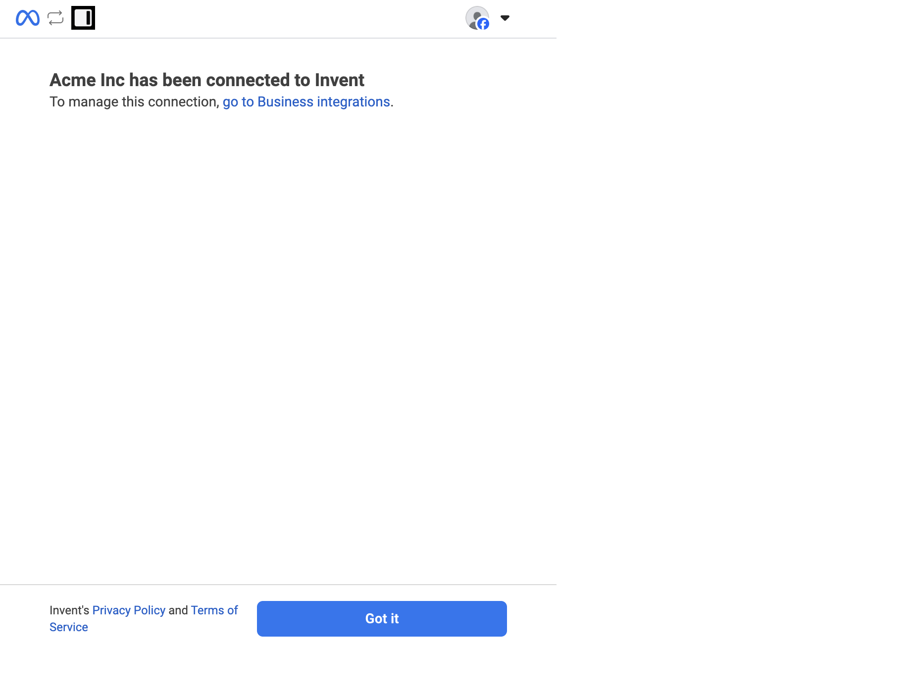 Acme Inc has been connected to Invent confirmation screen with a Got it button and a link to manage the integration in Business integrations