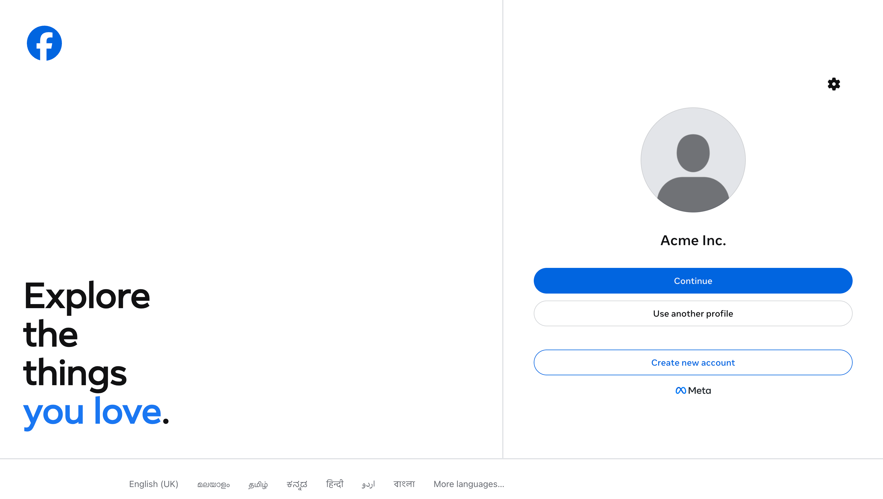 Facebook login screen showing the current profile with Continue, Use another profile, and Create new account buttons