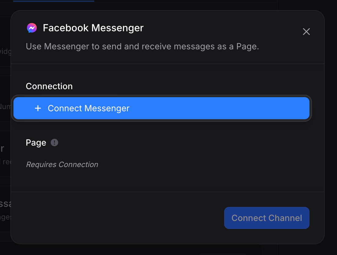 Empty Facebook Messenger connect dialog with a + Connect Messenger button inside the Connection field