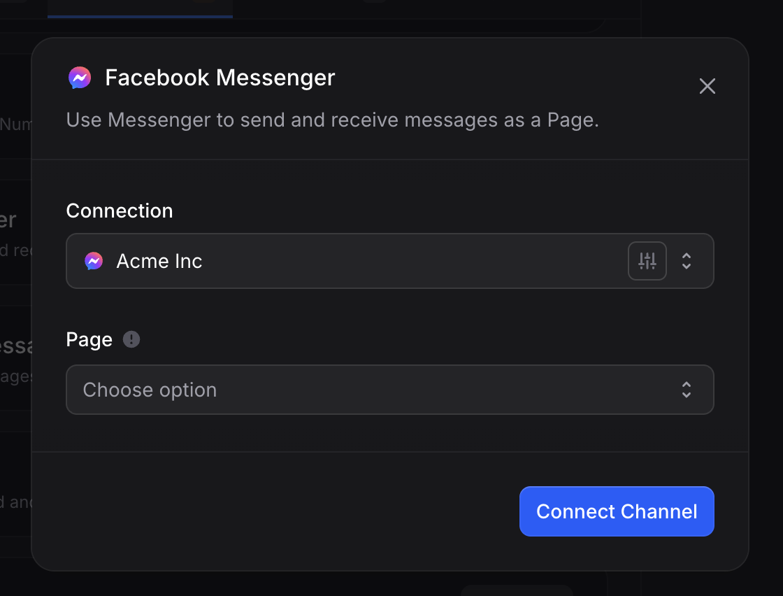 Facebook Messenger dialog with the Acme Inc connection selected and the Page dropdown ready to choose a Page, with a Connect Channel button at the bottom
