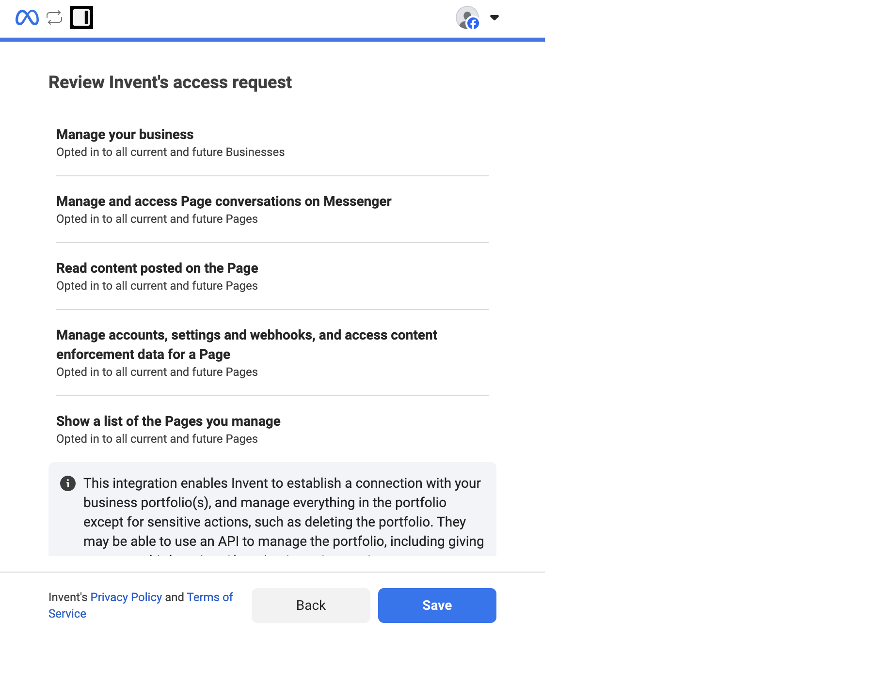 Review Invent's access request listing the permissions: manage your business, manage and access Page conversations on Messenger, read content posted on the Page, manage accounts and settings, show a list of Pages you manage