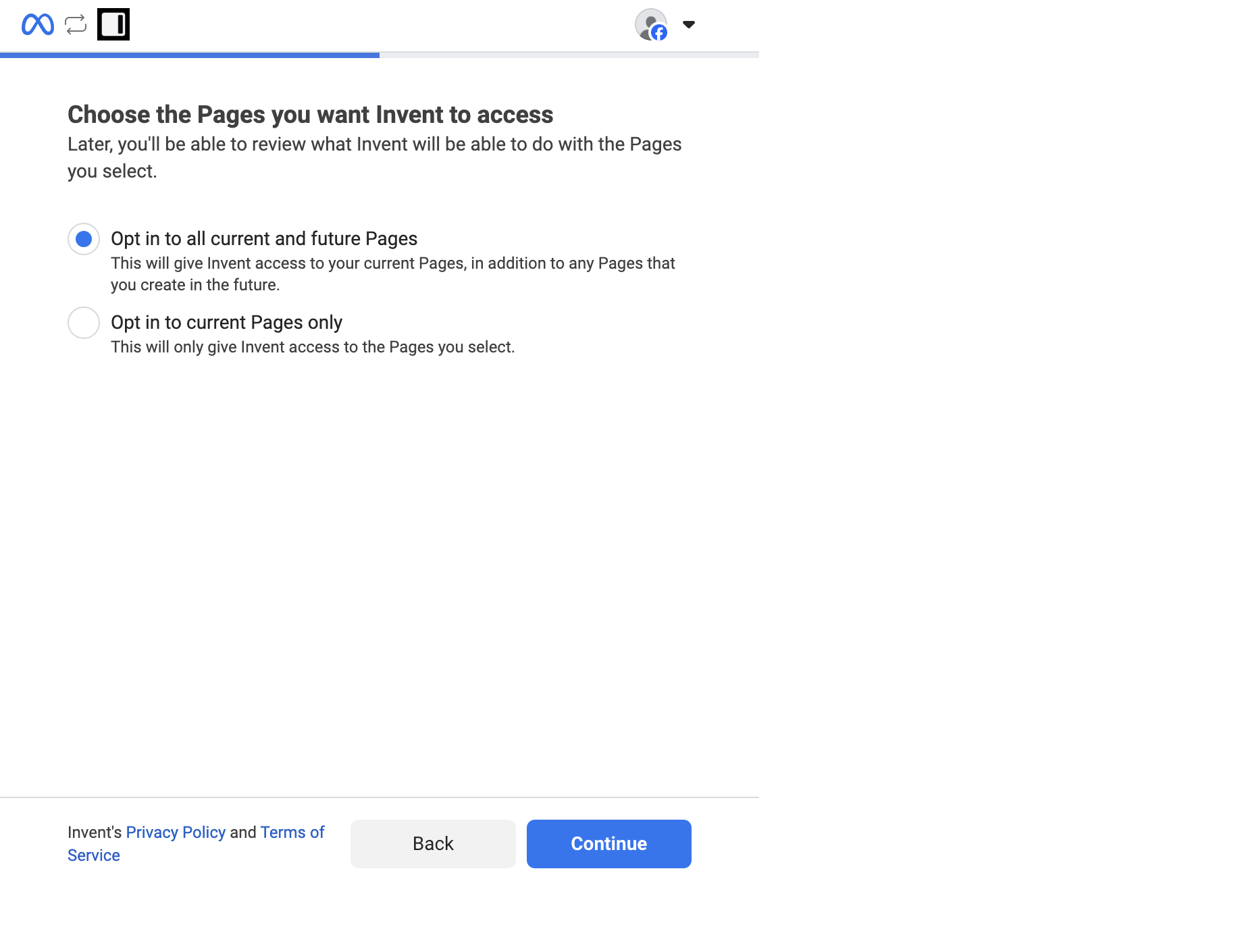 Choose the Pages you want Invent to access screen with two radio options: opt in to all current and future Pages, or opt in to current Pages only