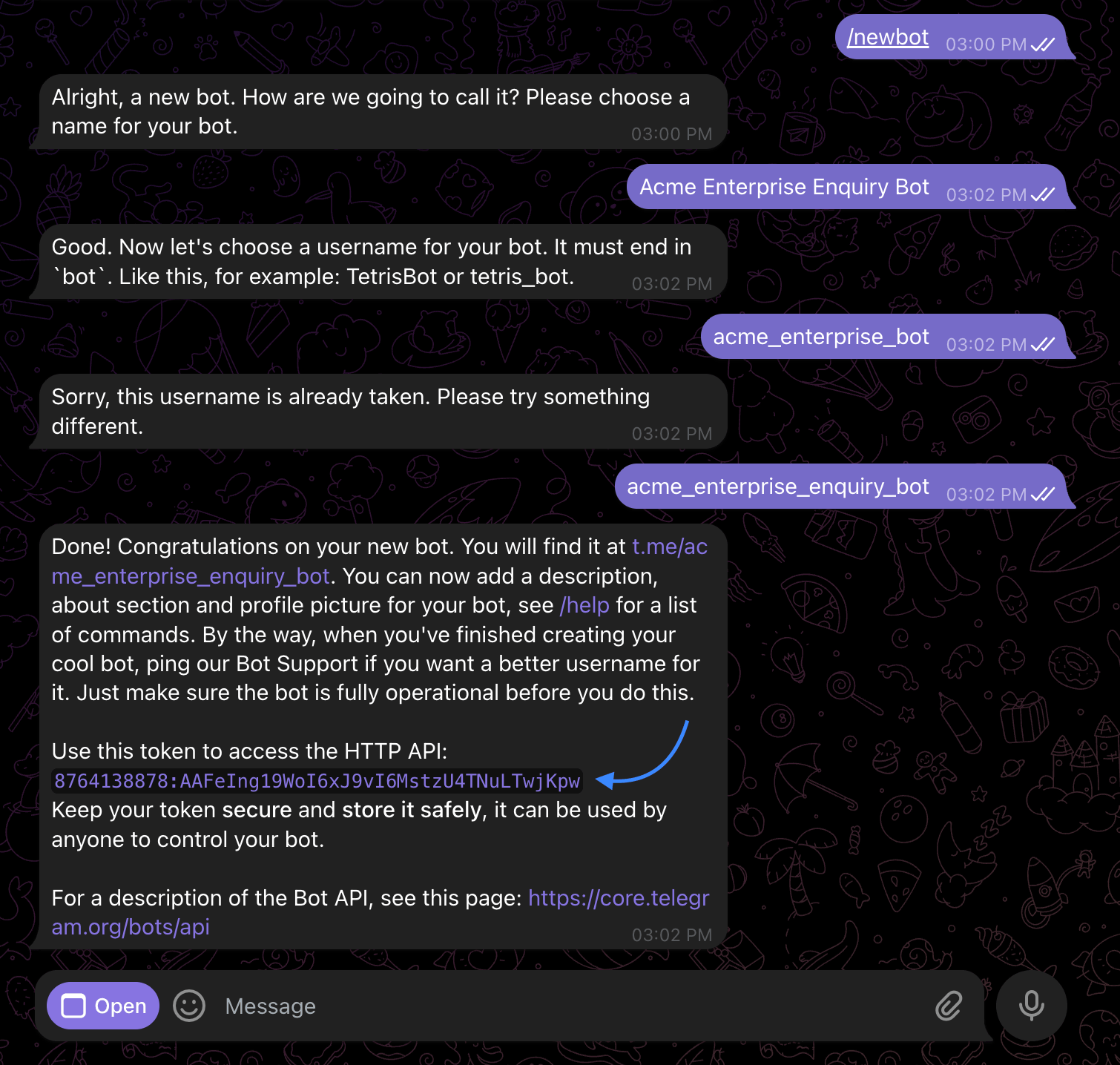 BotFather conversation showing the display name reply, a rejected username, an accepted username, and the success message that includes the bot token