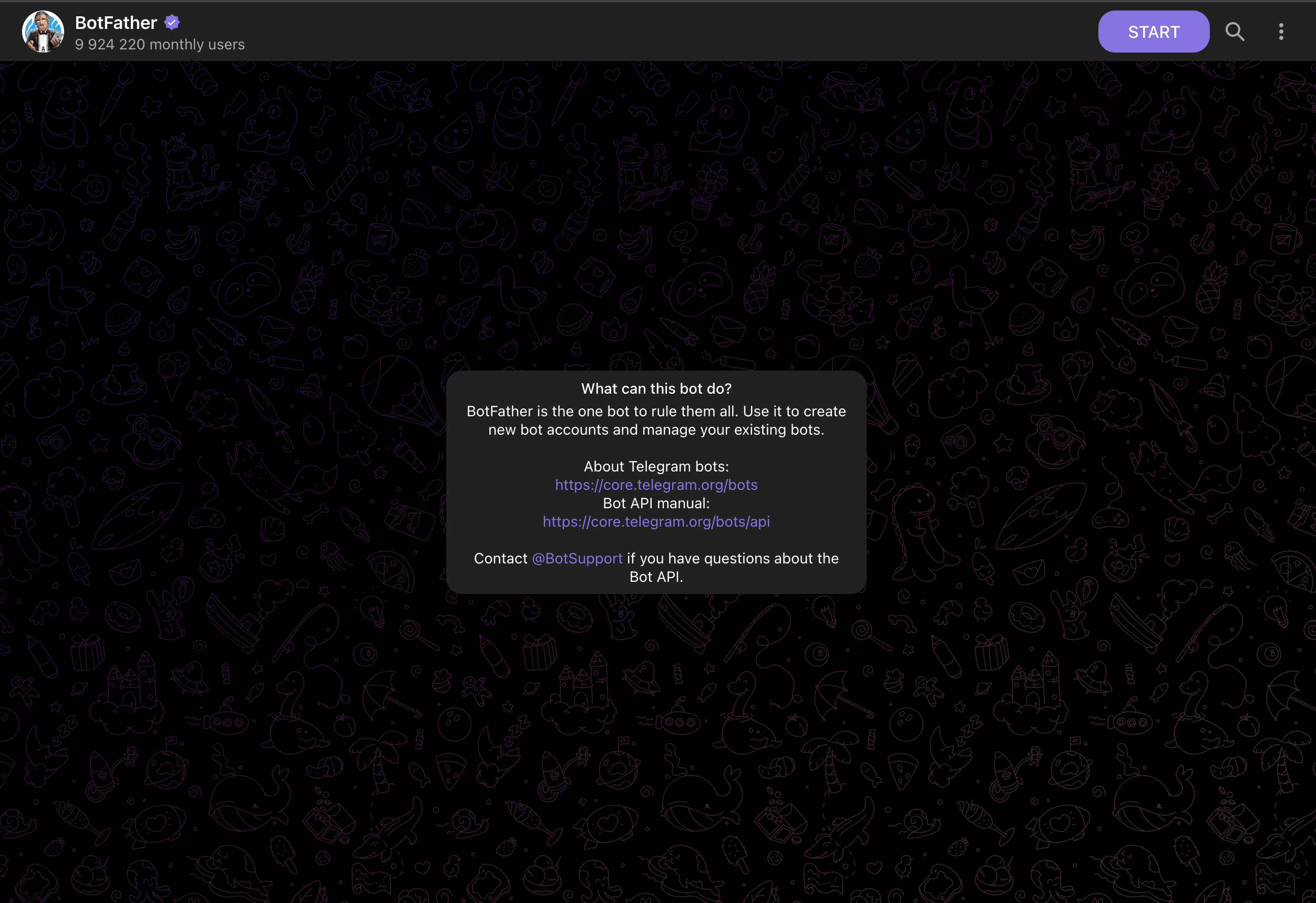 BotFather start screen on Telegram with the Start button at the top right and the bot's introduction message