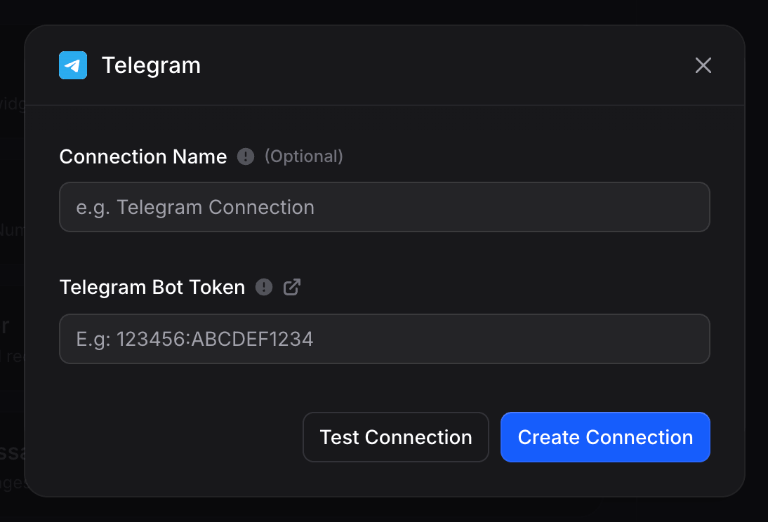 Empty Telegram connection form with Connection Name and Telegram Bot Token fields, plus Test Connection and Create Connection buttons