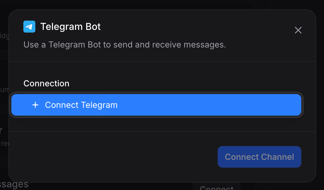Empty Telegram Bot connect dialog with a + Connect Telegram button inside the Connection field