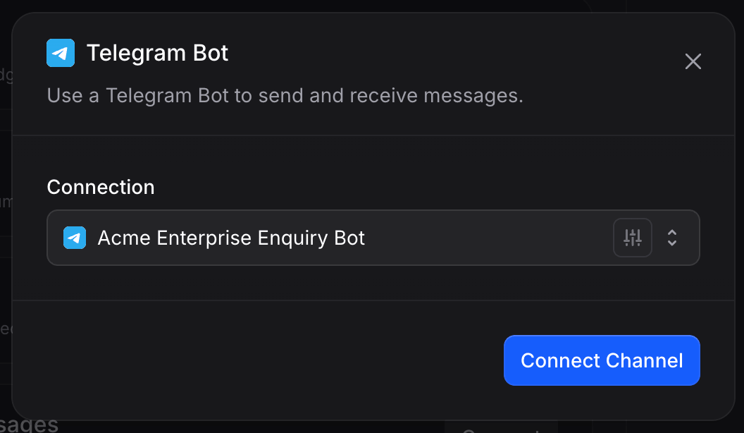 Telegram Bot dialog with the Acme Enterprise Enquiry Bot connection auto-selected, ready to click Connect Channel