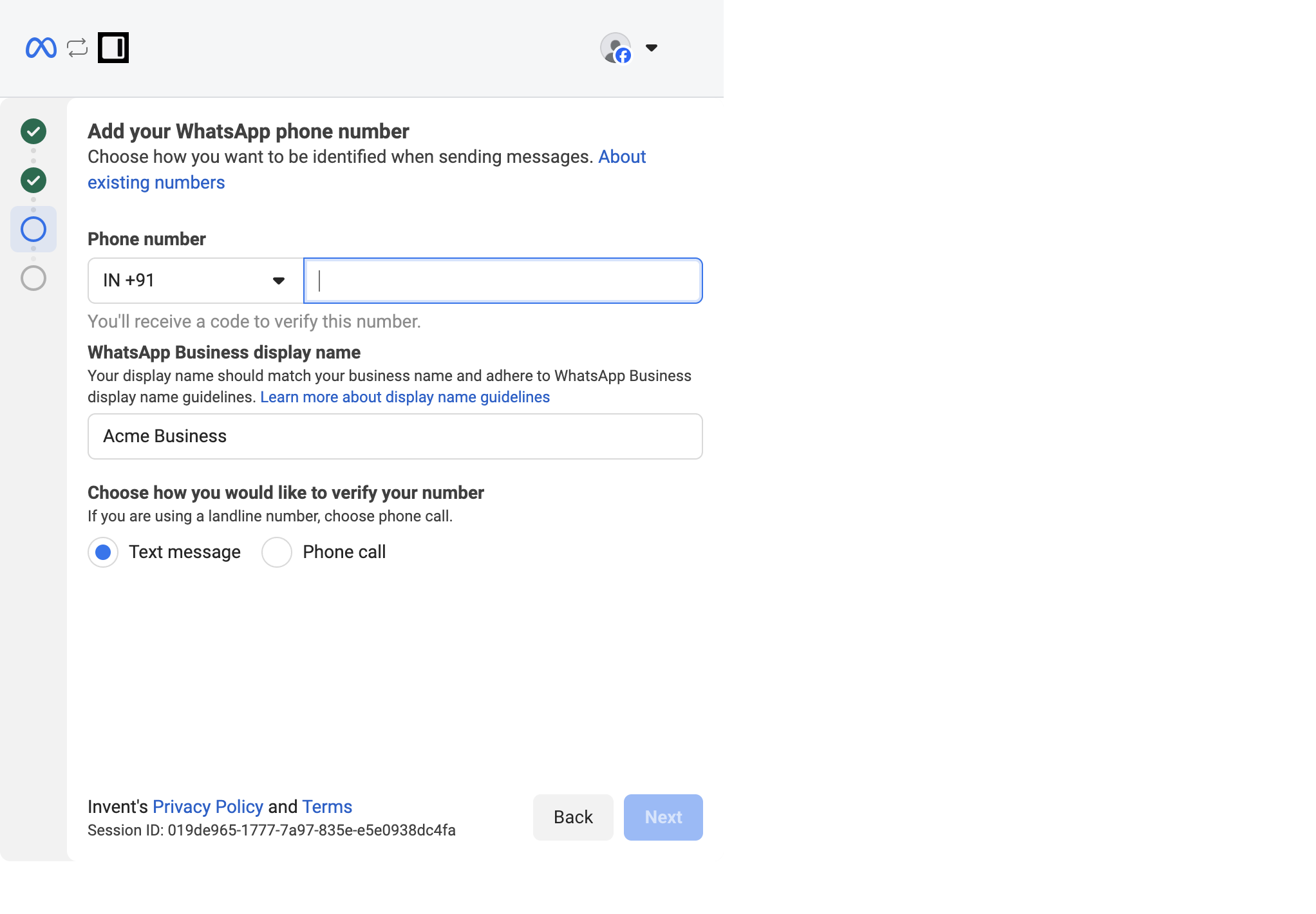 Add your WhatsApp phone number form with Phone number country code IN +91 and empty number field, WhatsApp Business display name set to Acme Business, and a Choose how you would like to verify your number radio with Text message and Phone call options