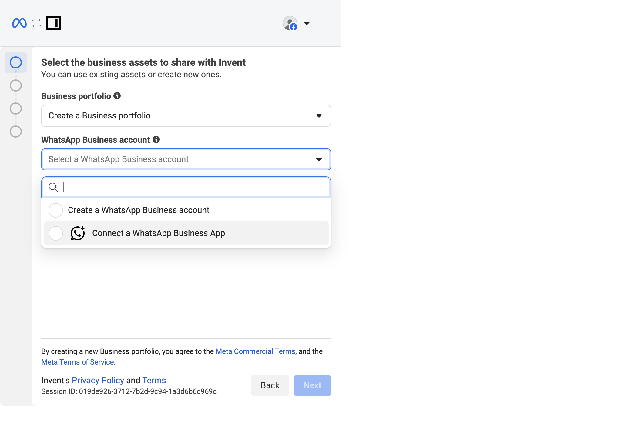 Select the business assets to share with Invent screen with a Business portfolio dropdown and a WhatsApp Business account dropdown showing two options: Create a WhatsApp Business account and Connect a WhatsApp Business App