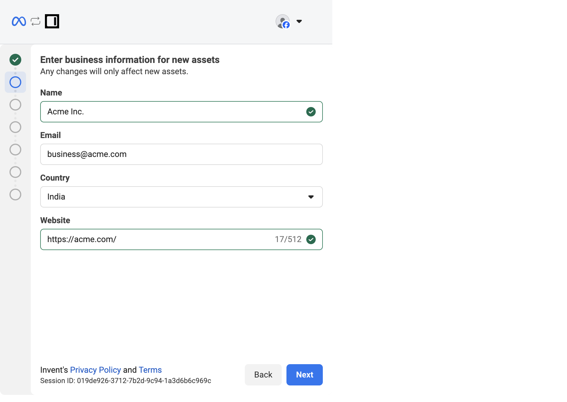 Enter business information for new assets form with Name (Acme Inc.), Email (business@acme.com), Country (India), and Website (https://acme.com/) fields