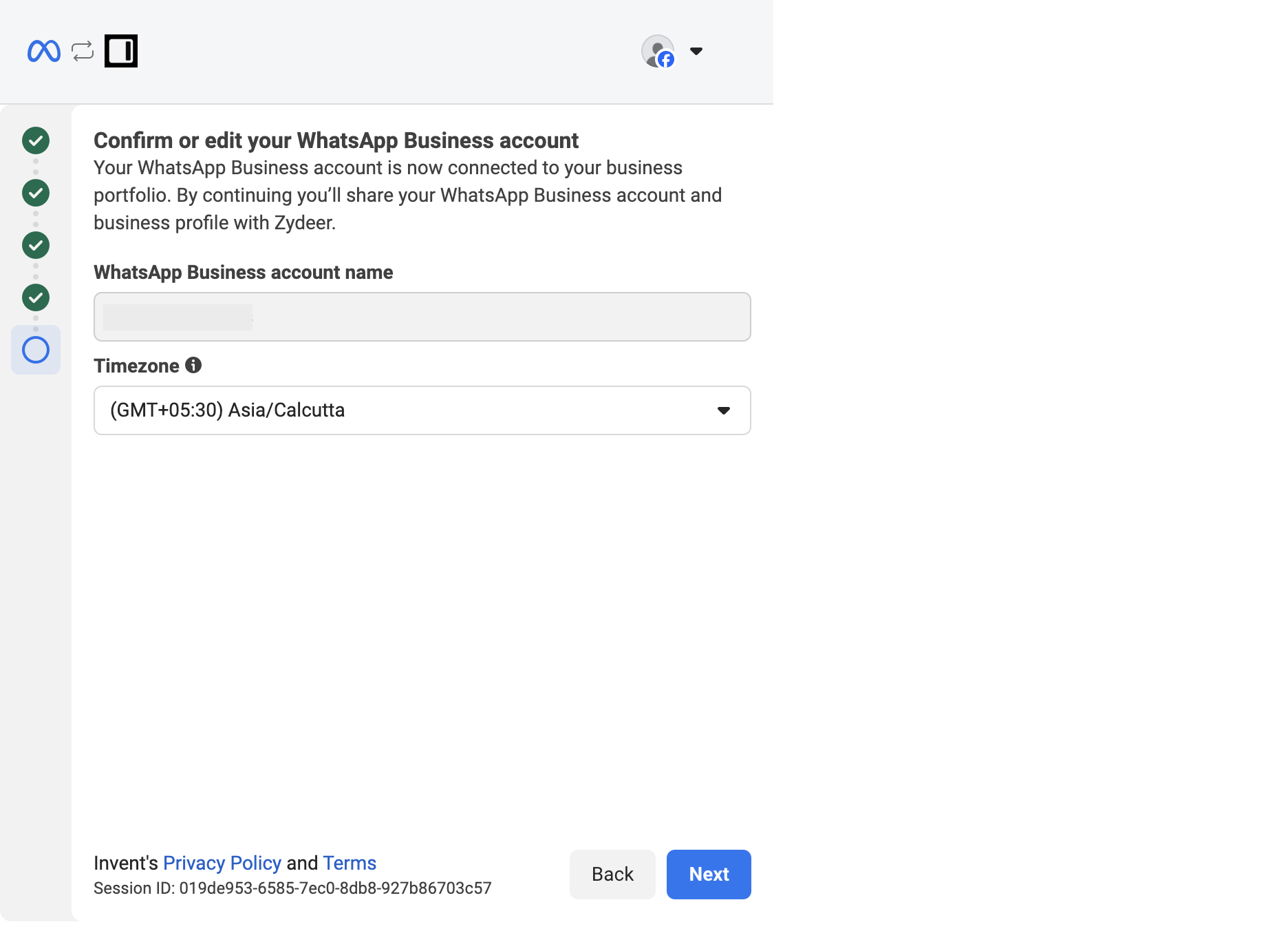 Confirm or edit your WhatsApp Business account screen with a WhatsApp Business account name field and a Timezone dropdown set to GMT+05:30 Asia/Calcutta