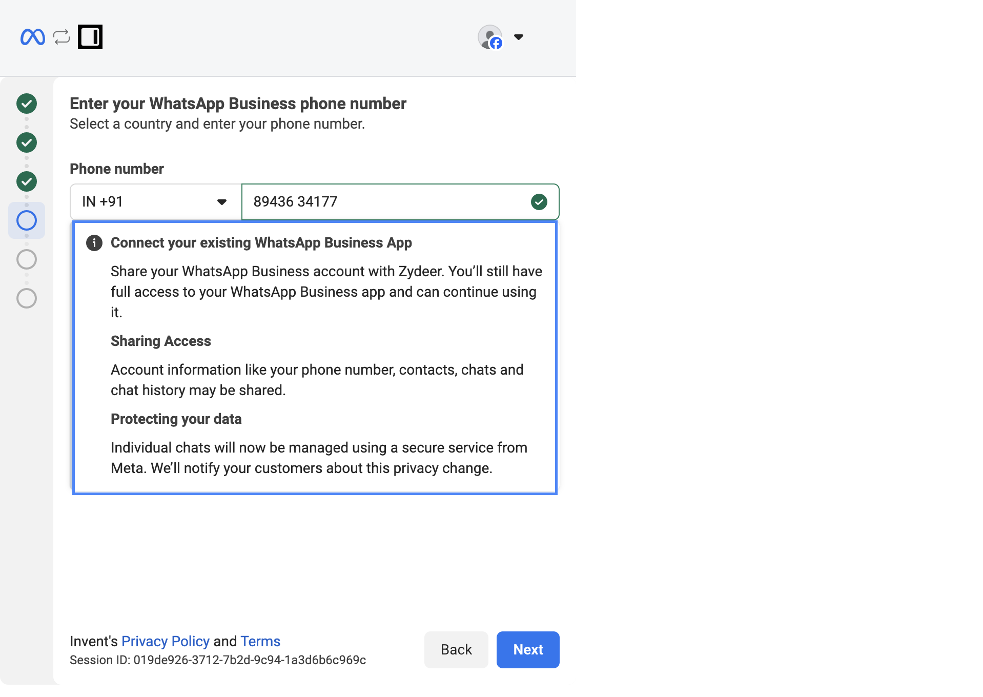 Connect your existing WhatsApp Business App banner explaining sharing access with Invent, account information shared, and that individual chats will be managed using a secure service from Meta