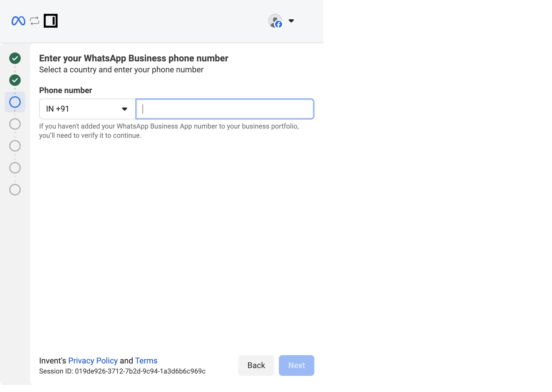 Enter your WhatsApp Business phone number screen with country code IN +91 selected and an empty phone number field
