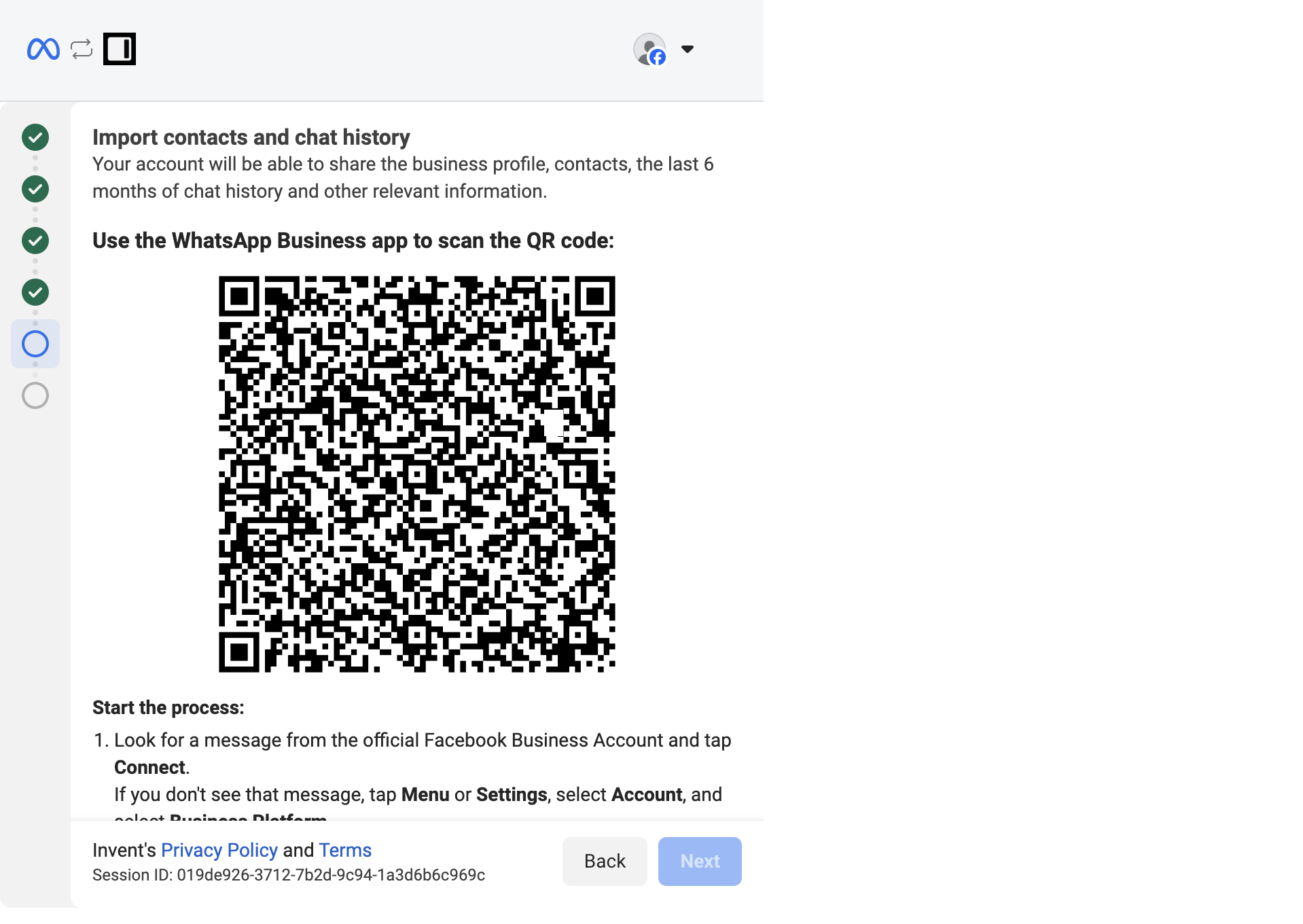 Import contacts and chat history screen showing a QR code labeled Use the WhatsApp Business app to scan the QR code, with instructions to look for a message from the official Facebook Business Account and tap Connect