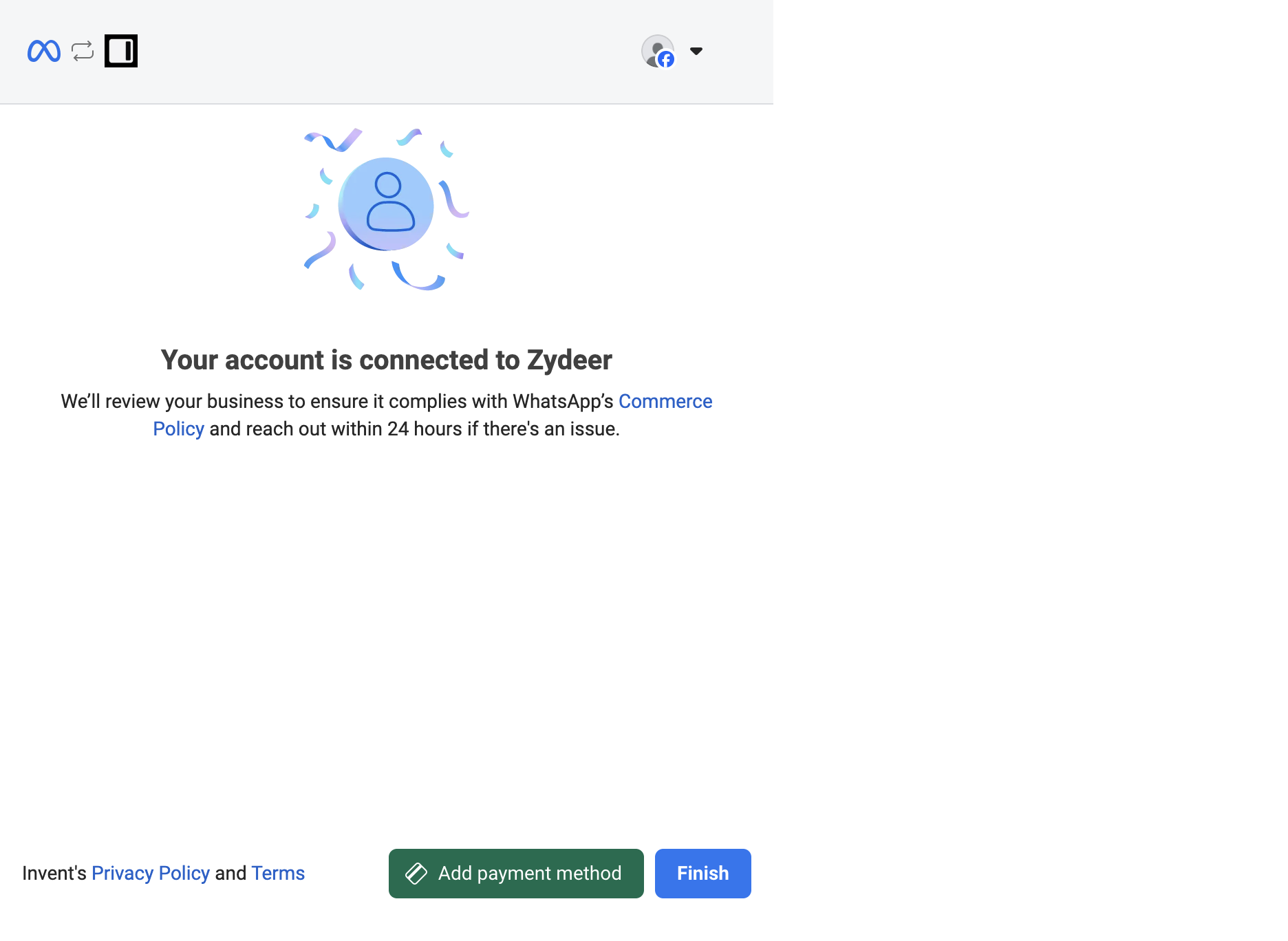 Your account is connected to Zydeer success screen with an Add payment method button and a Finish button