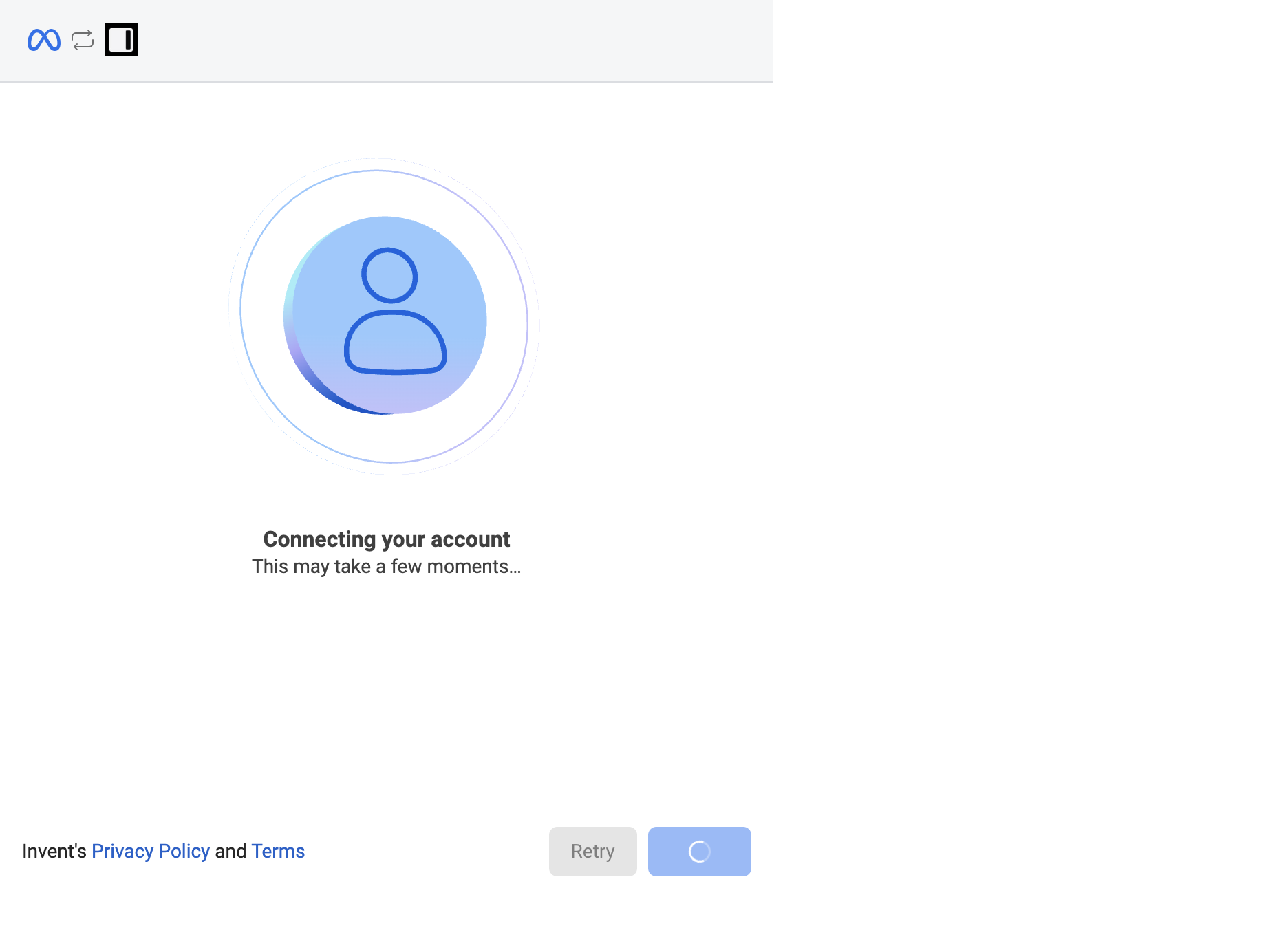 Connecting your account screen with a spinner and the text This may take a few moments