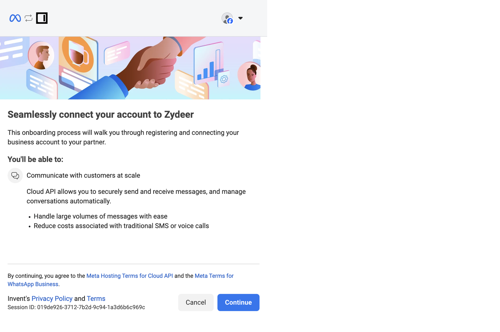 Seamlessly connect your account intro screen explaining that the onboarding will register and connect a business account, with Cancel and Continue buttons