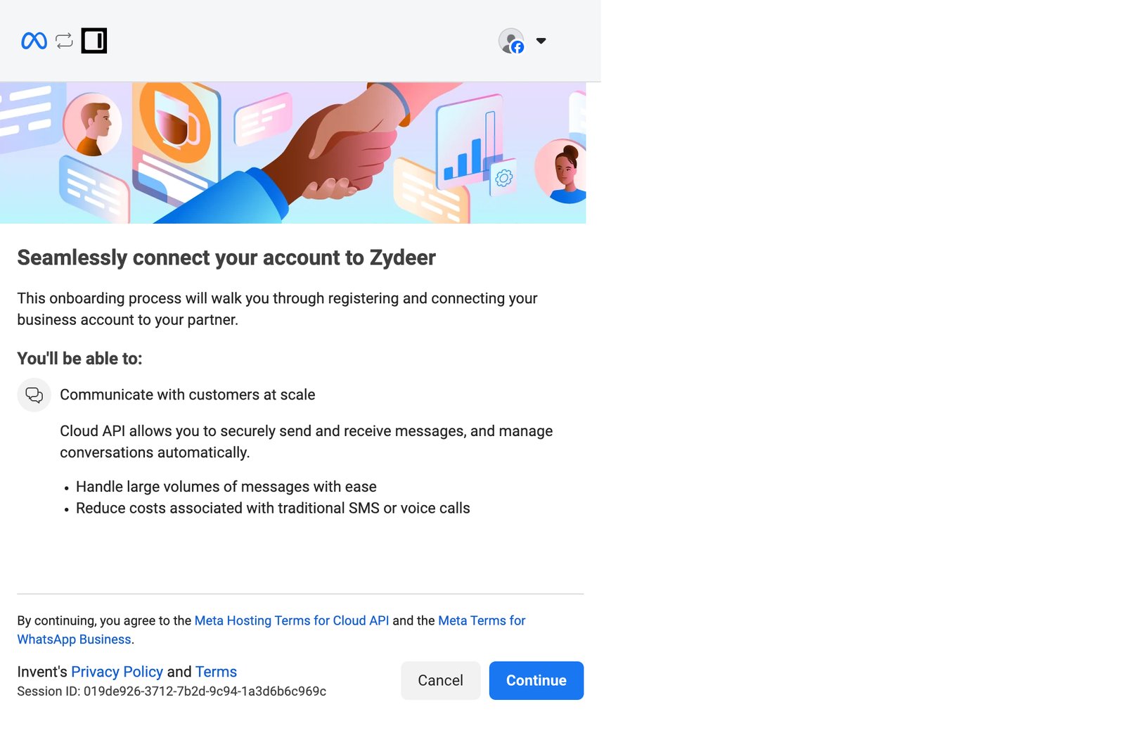 Seamlessly connect your account intro screen explaining that the onboarding will register and connect a business account, with Cancel and Continue buttons