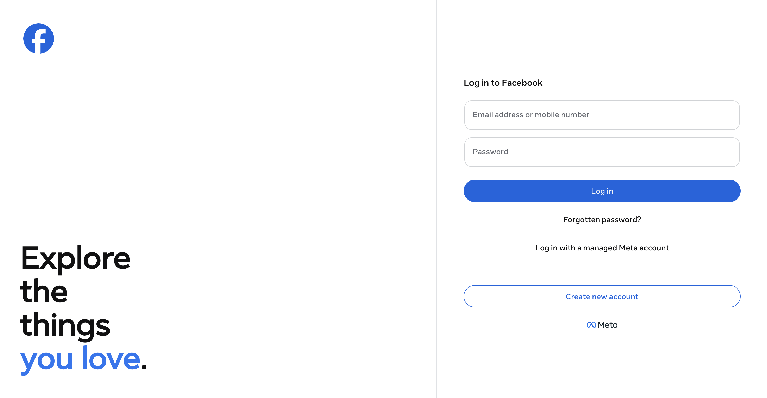Facebook login screen with email and password fields and a Log in button