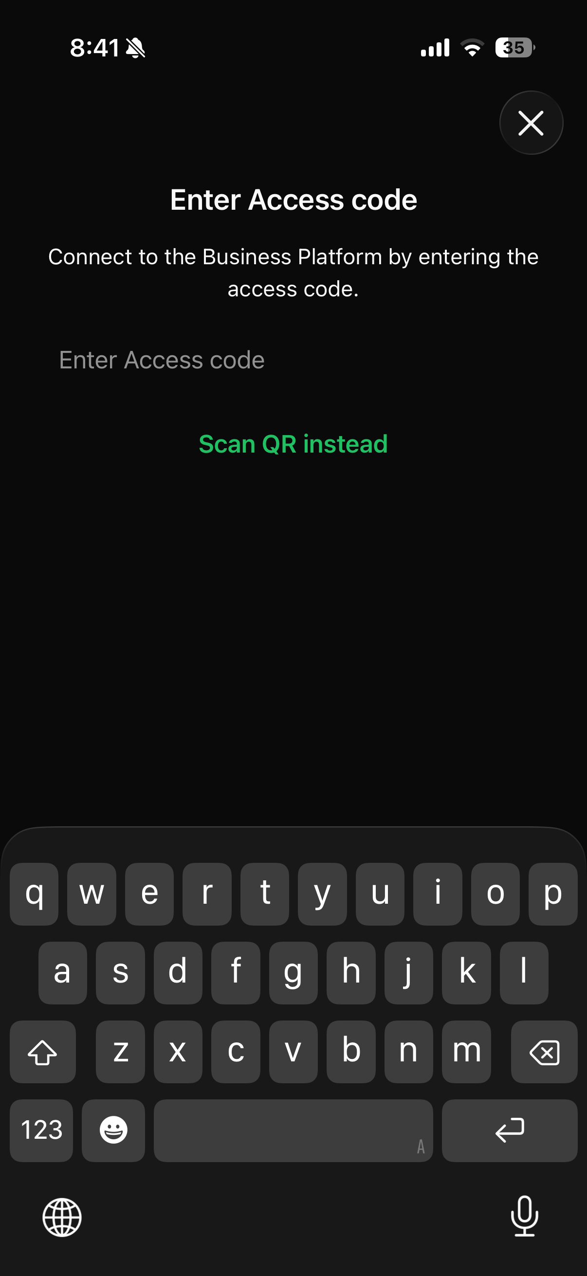 Enter Access code screen on the phone with a single text field and a Scan QR instead link