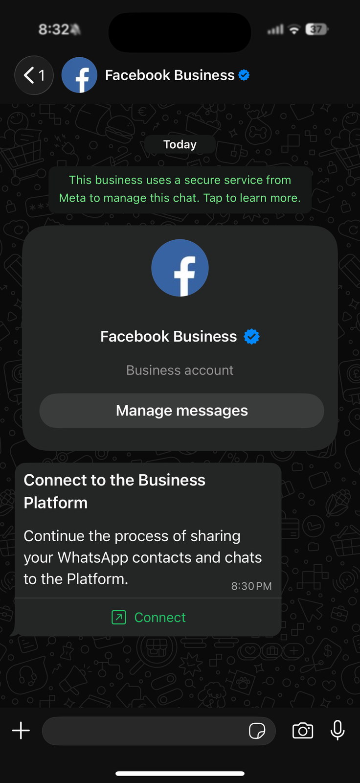WhatsApp Business app showing a chat from the verified Facebook Business account with a Manage messages card and a Connect to the Business Platform message