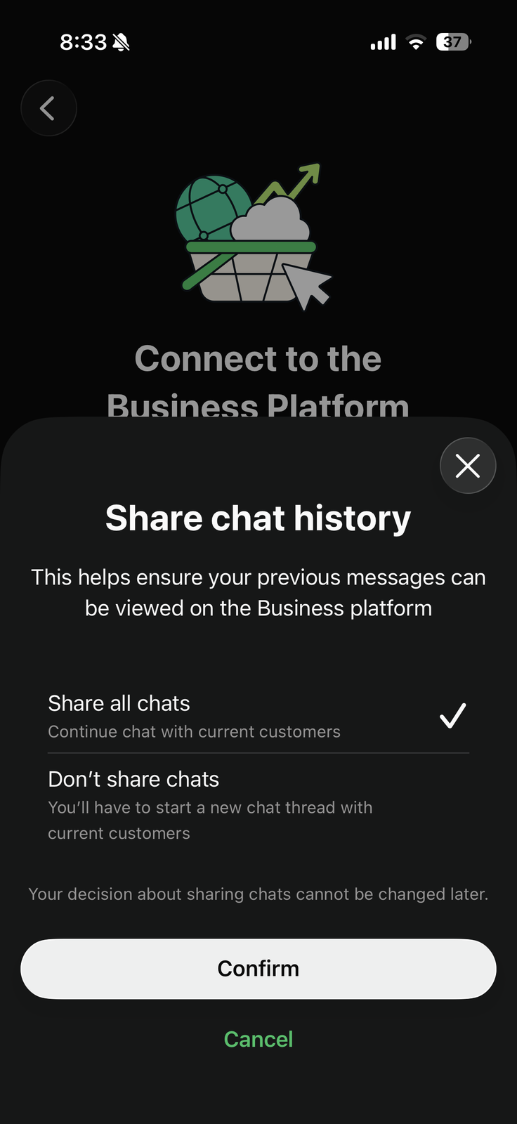 Share chat history sheet with two options: Share all chats (continue chat with current customers) and Don't share chats (start a new chat thread with current customers)