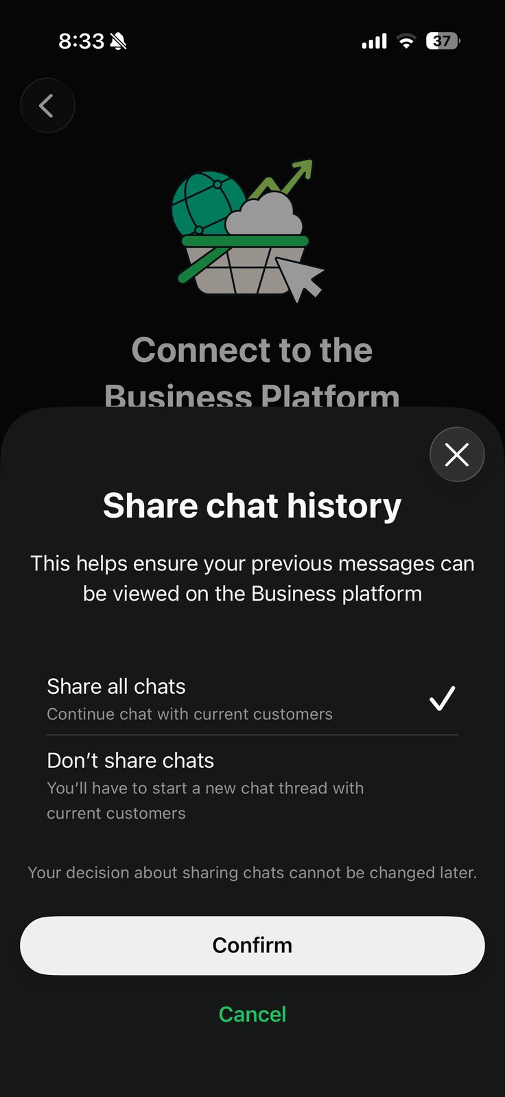 Share chat history sheet with two options: Share all chats (continue chat with current customers) and Don't share chats (start a new chat thread with current customers)
