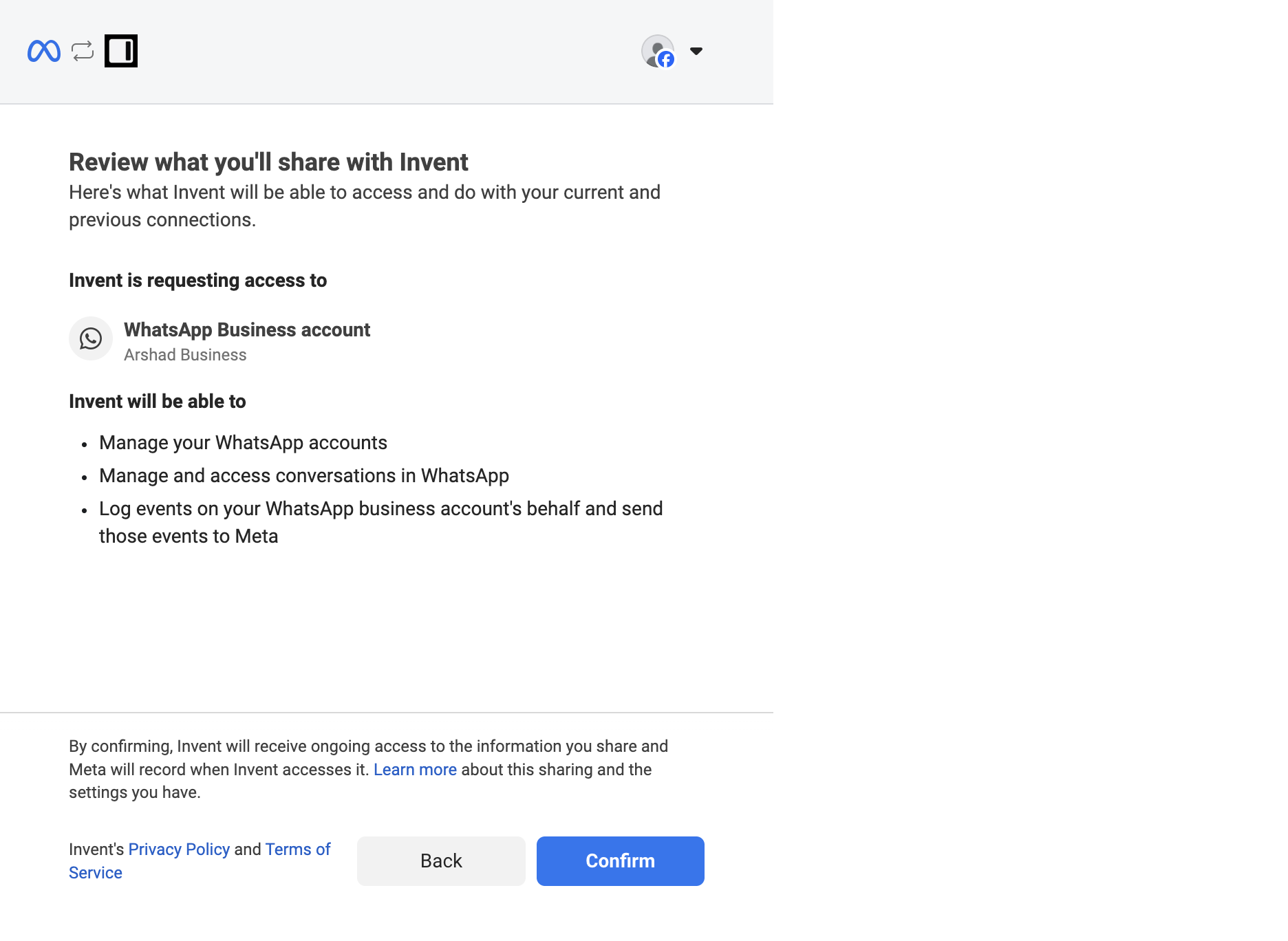 Review what you'll share with Invent screen listing access to the WhatsApp Business account named Arshad Business and the permissions Manage your WhatsApp accounts, Manage and access conversations in WhatsApp, and Log events on your WhatsApp business account's behalf