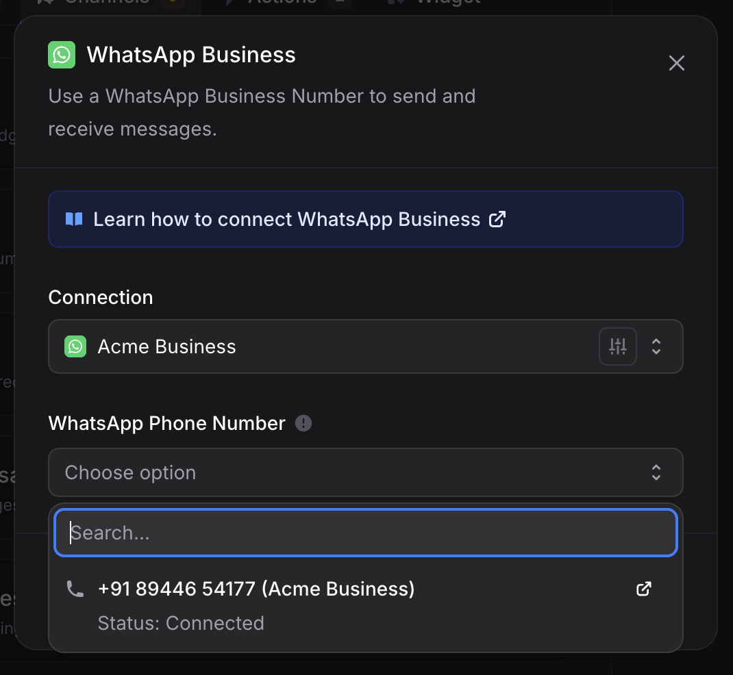 WhatsApp dialog with the connection auto-selected and a phone number picked, ready to click Connect Channel