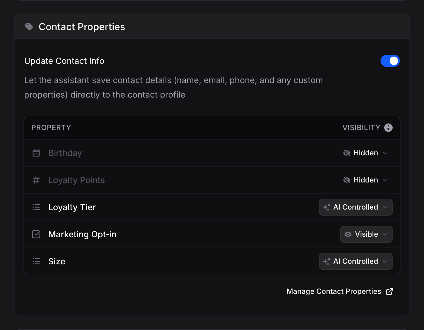 Assistant Contact Properties Configuration